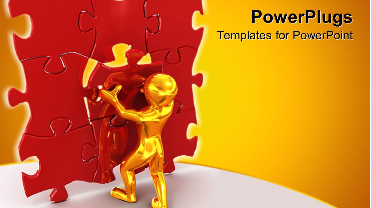 Gold Figure Struggling to Place Red Piece in Center of Vertical Jigsaw Puzzle