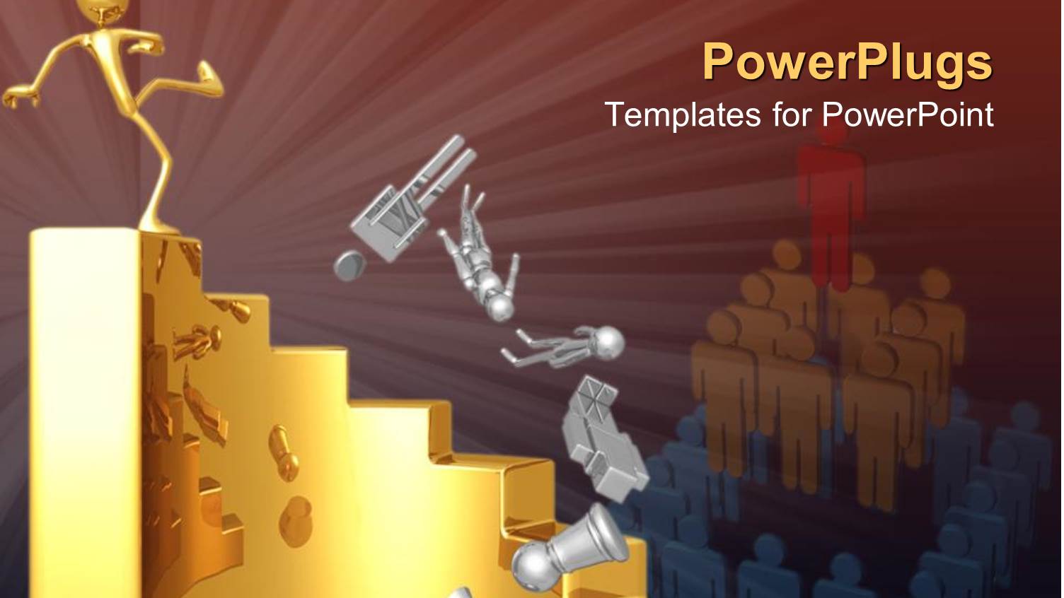 Gold Figure at Top of Circular Staircase Kicks Silver Figures Down Stairs