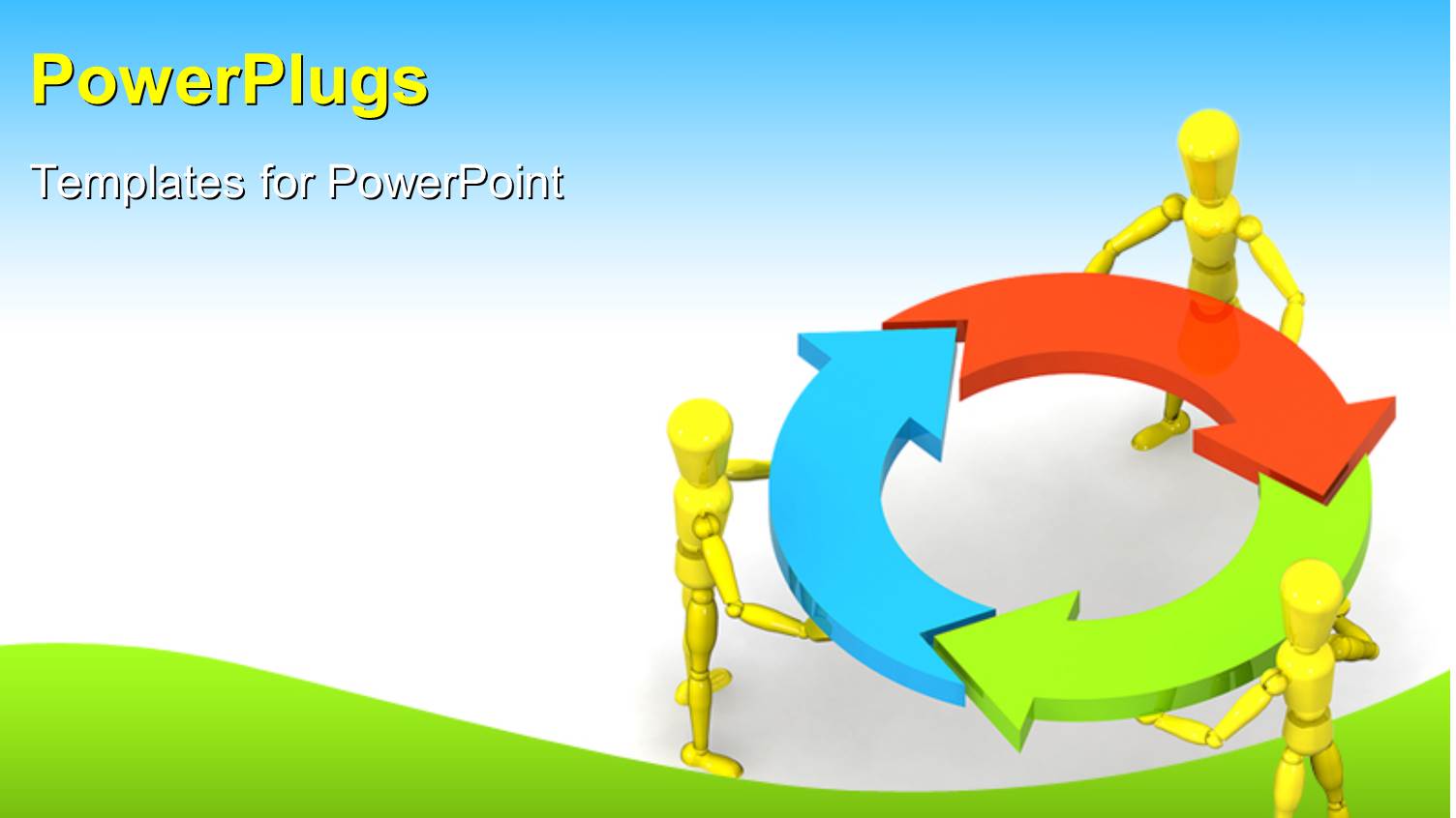 Gold Figures Holding Red, Blue, Green Arrows in Circle