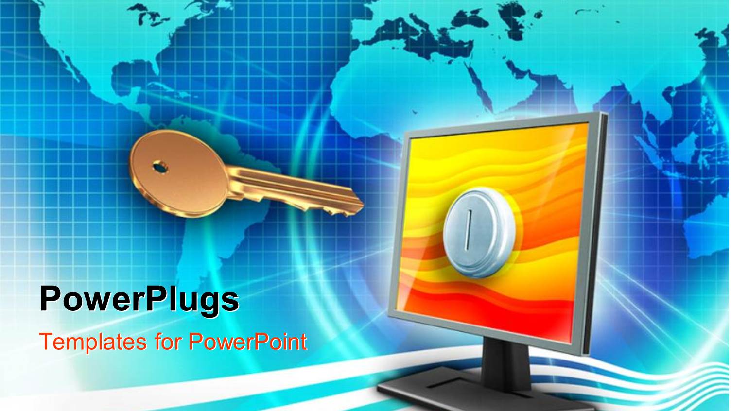 Gold Key Moving Towards Keyhole on Monitor Screen Over World Map