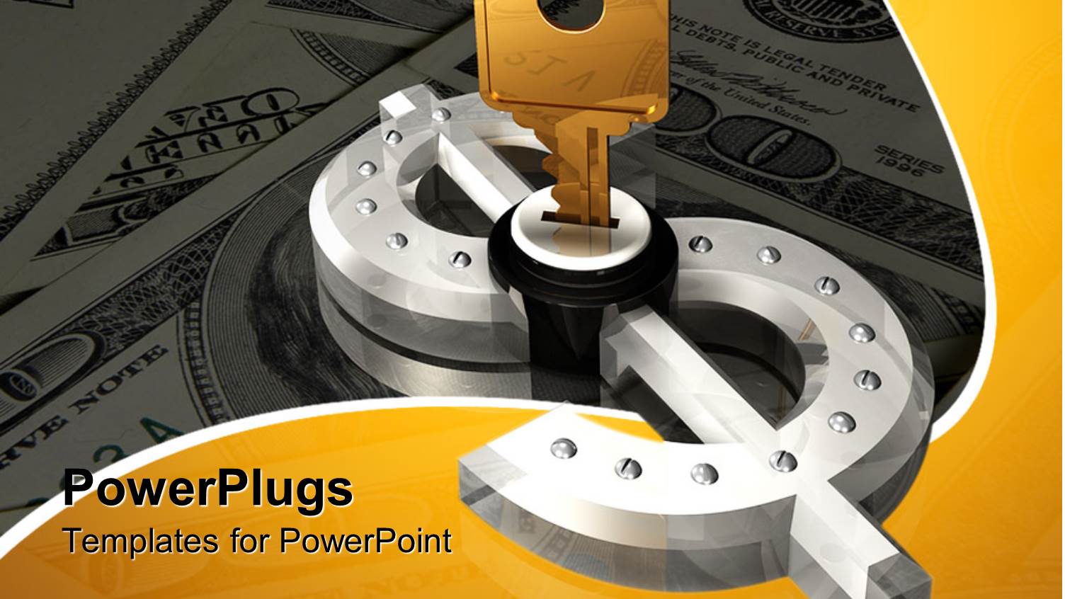 Gold Key Opening Silver Dollar Sign on Background of Cash, Money, Wealth