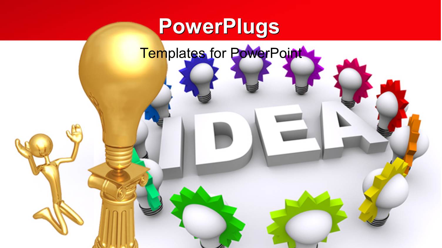 Gold Man Kneels Before Gold Light Bulb on Pillar and 3D Word IDEA