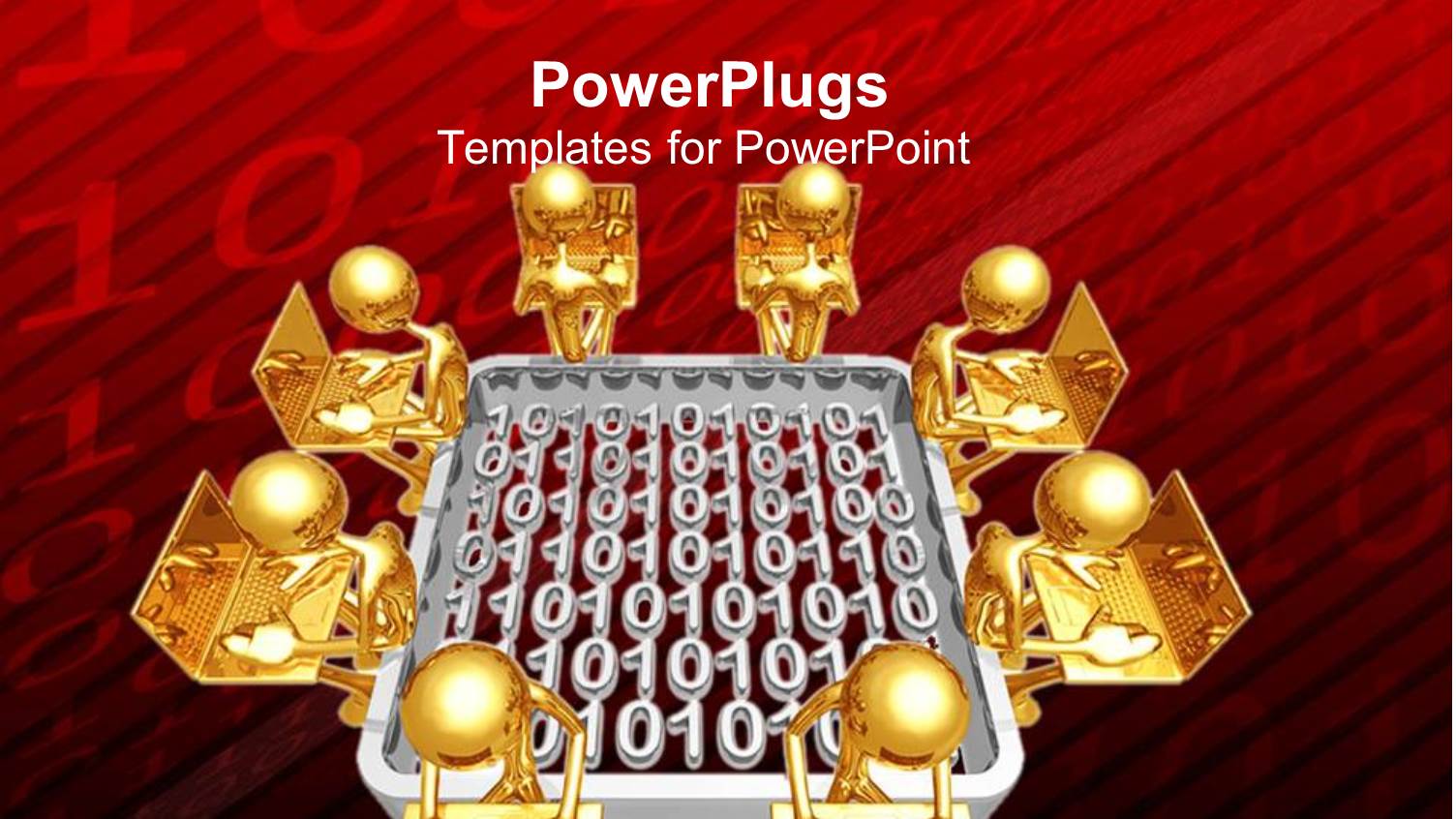 Gold People on Laptops Around Silver Binary Code, Networking, it