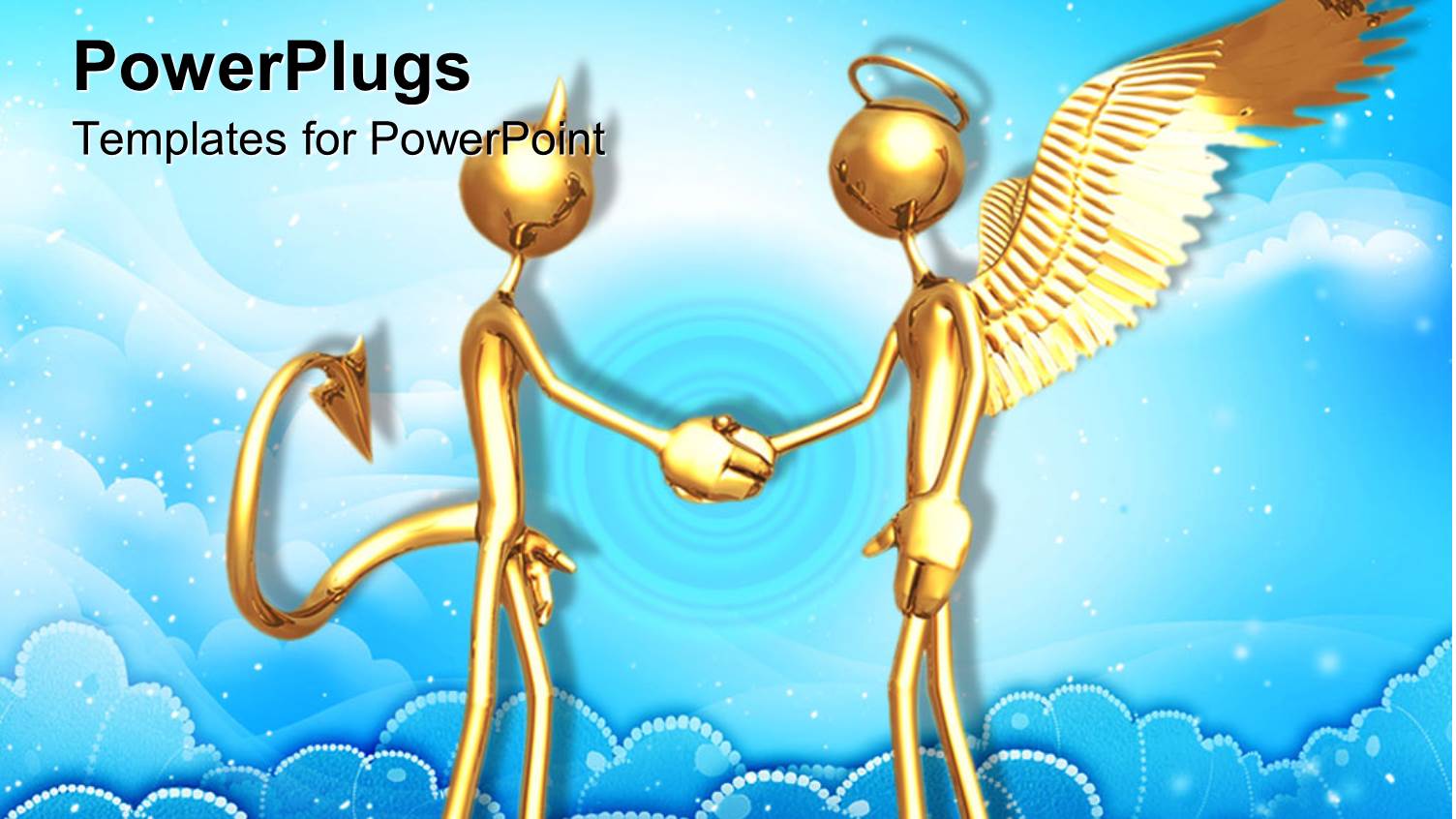 Gold Plated Angel and Devil Shaking Hands Over Blue Background
