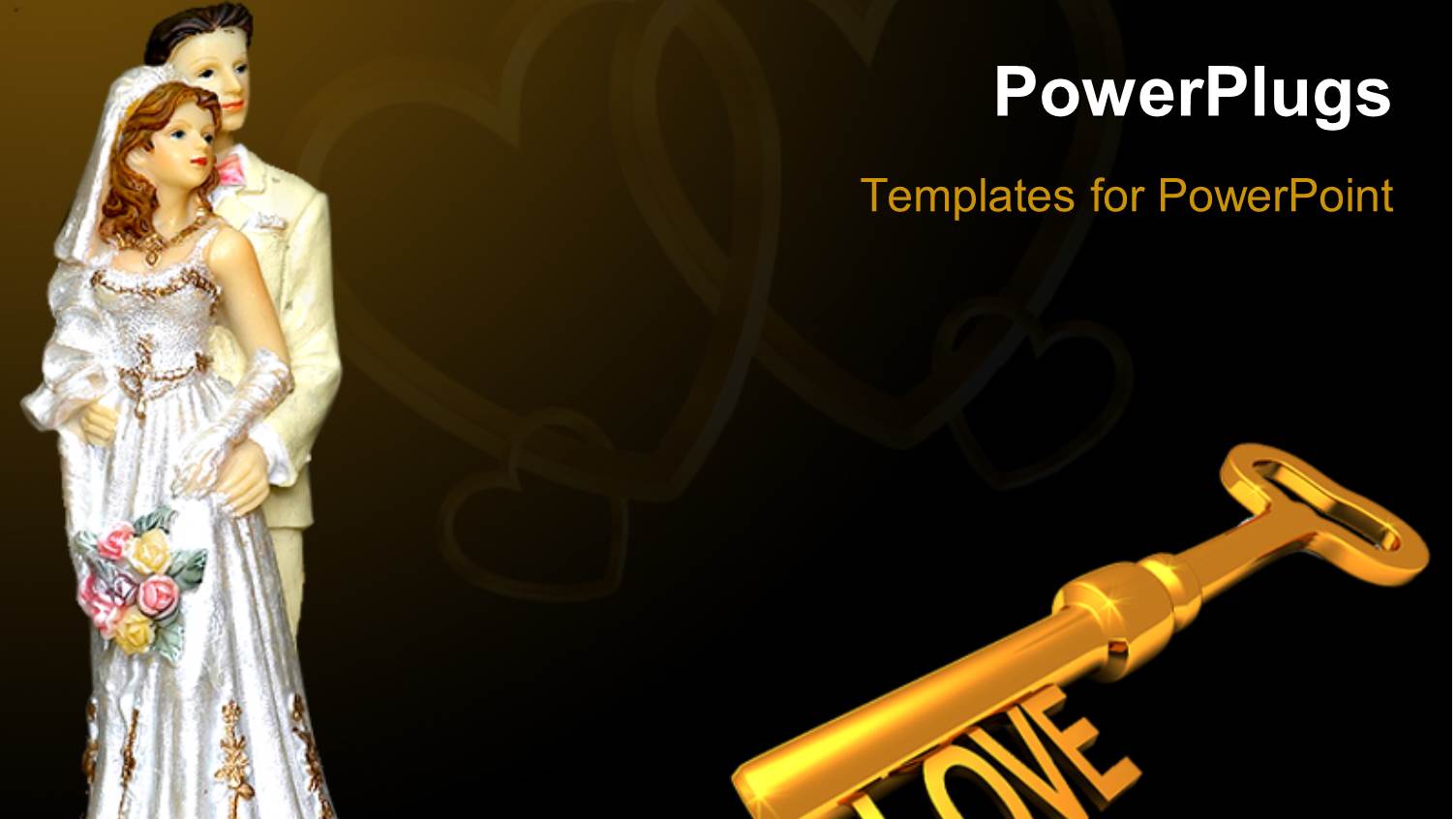 Gold Plated Love Skeleton Key with Bride and Groom on Black Background 