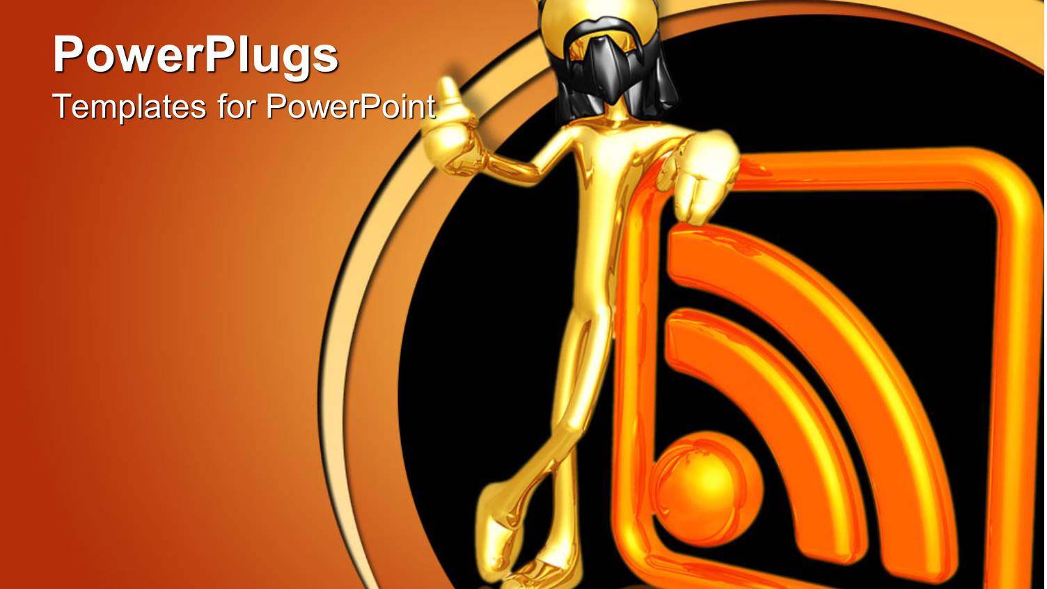 Gold Plated Man with Black Nose Mask Leaning Against RSS Feed Symbol