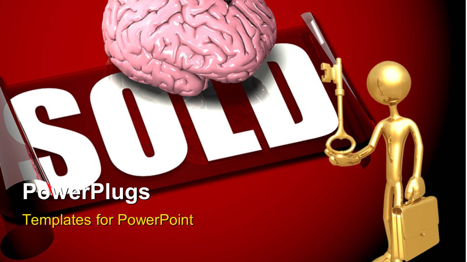 Gold Plated Man with Briefcase Holding Gold Key with Brain Over SOLD Sticker