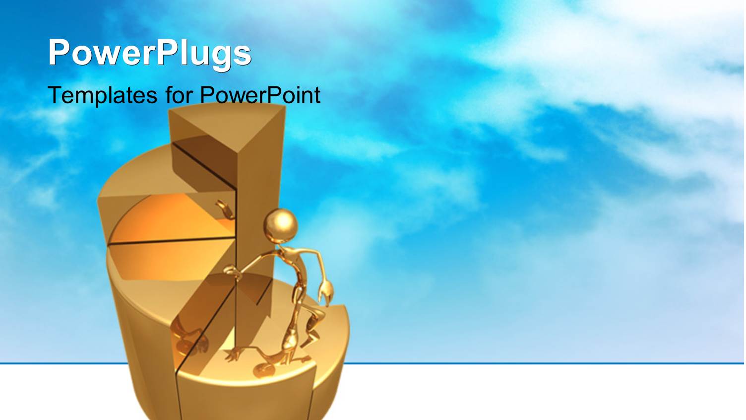 Gold Plated Man Climbing Spiral Stairs with Blue Cloudy Sky 