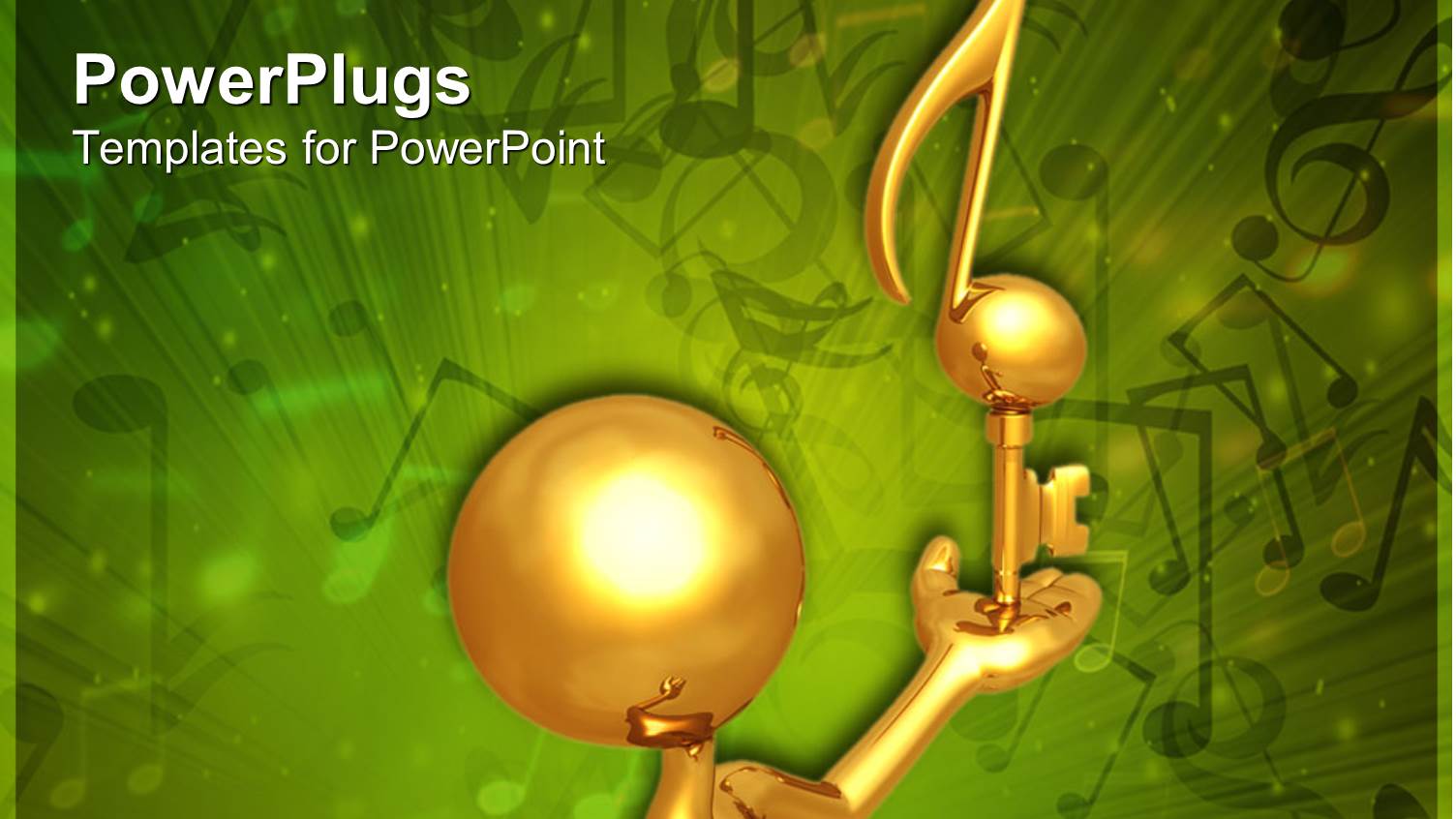 Gold Plated Man with Golden Key and Music Symbols in Green Background 