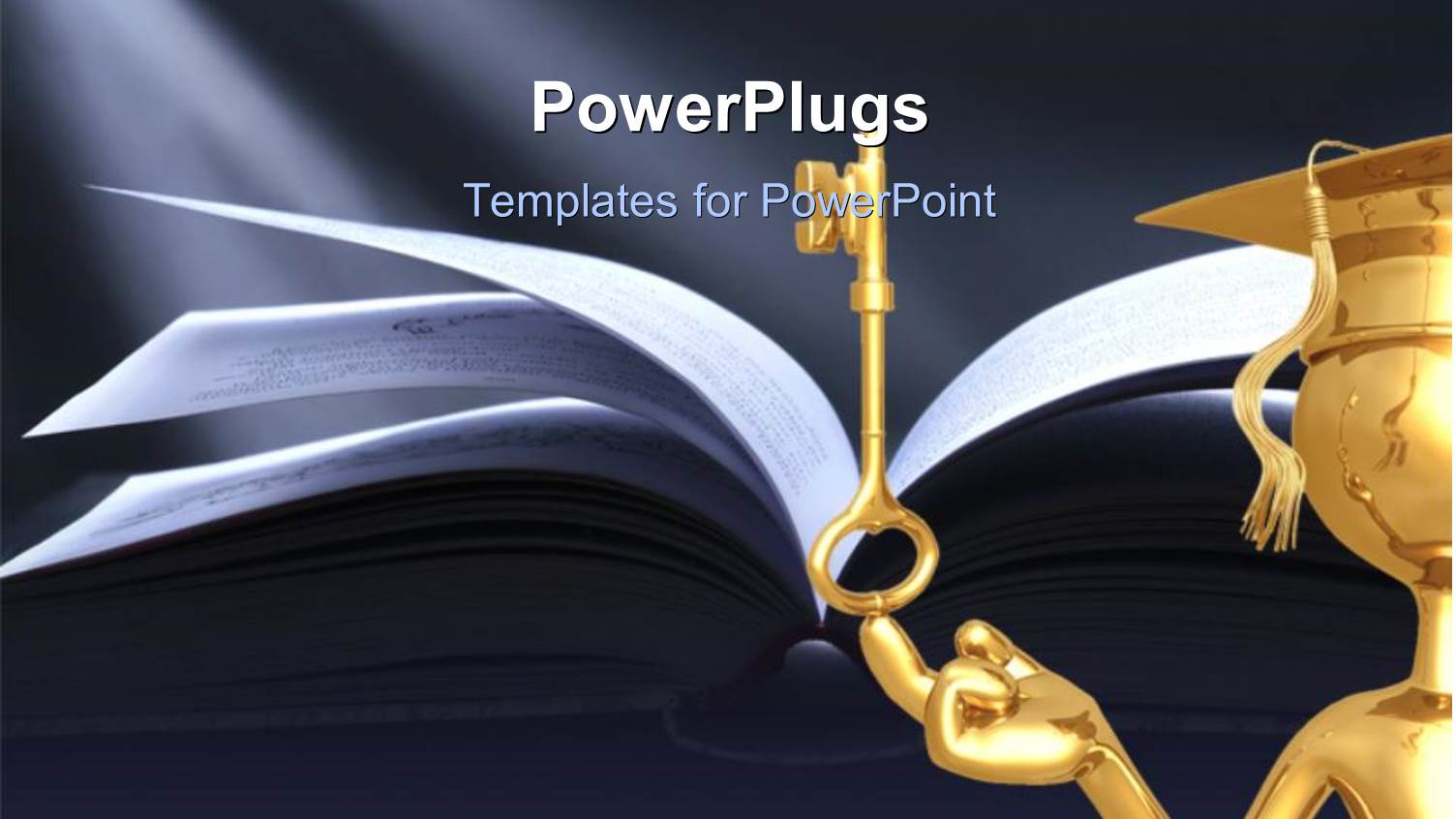 Gold Plated Man on Graduation Cap with Golden Key and Open Book Over Grey Background