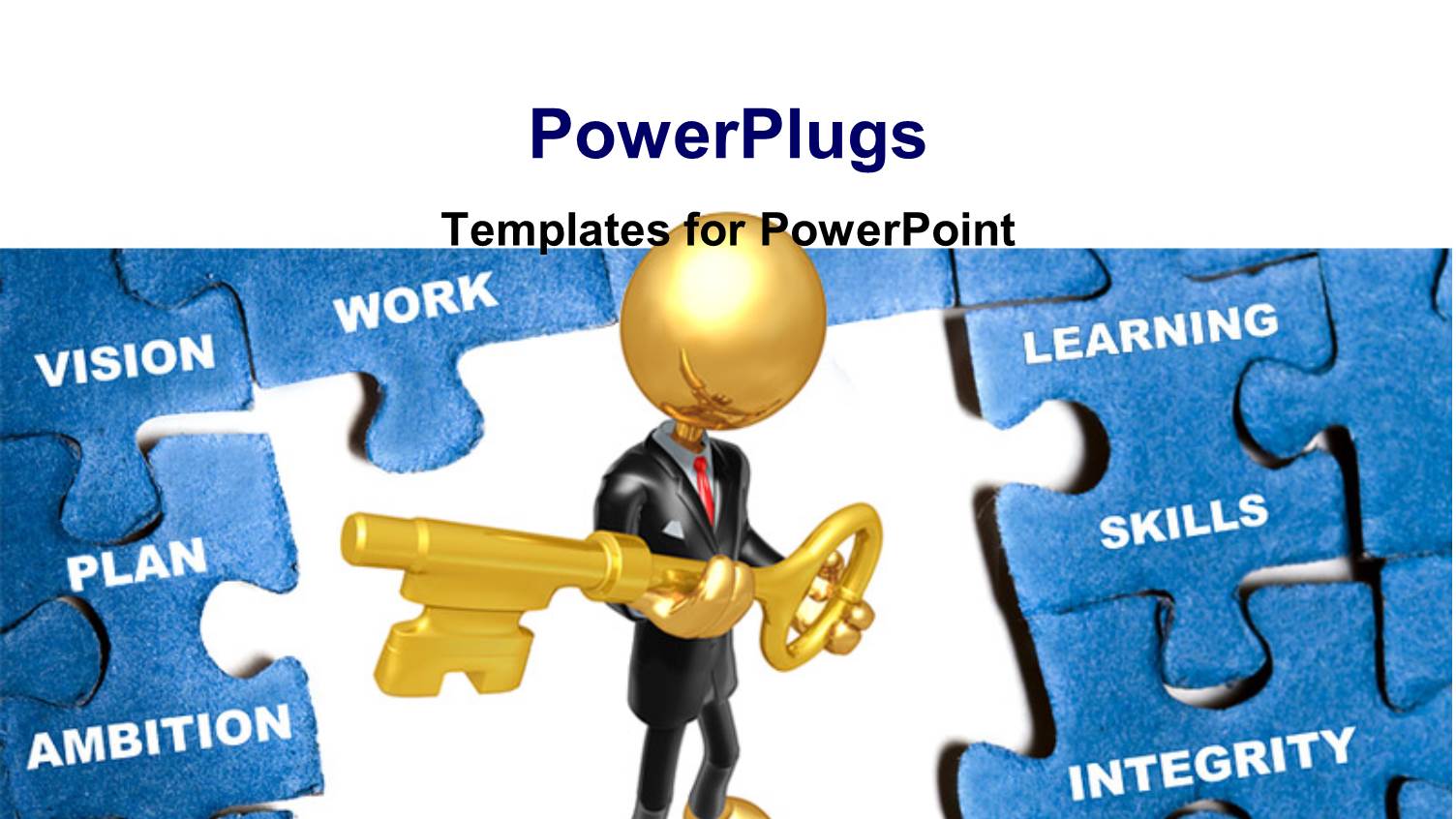 Gold Plated Man Holding Key Stands in Middle of Blue Puzzle