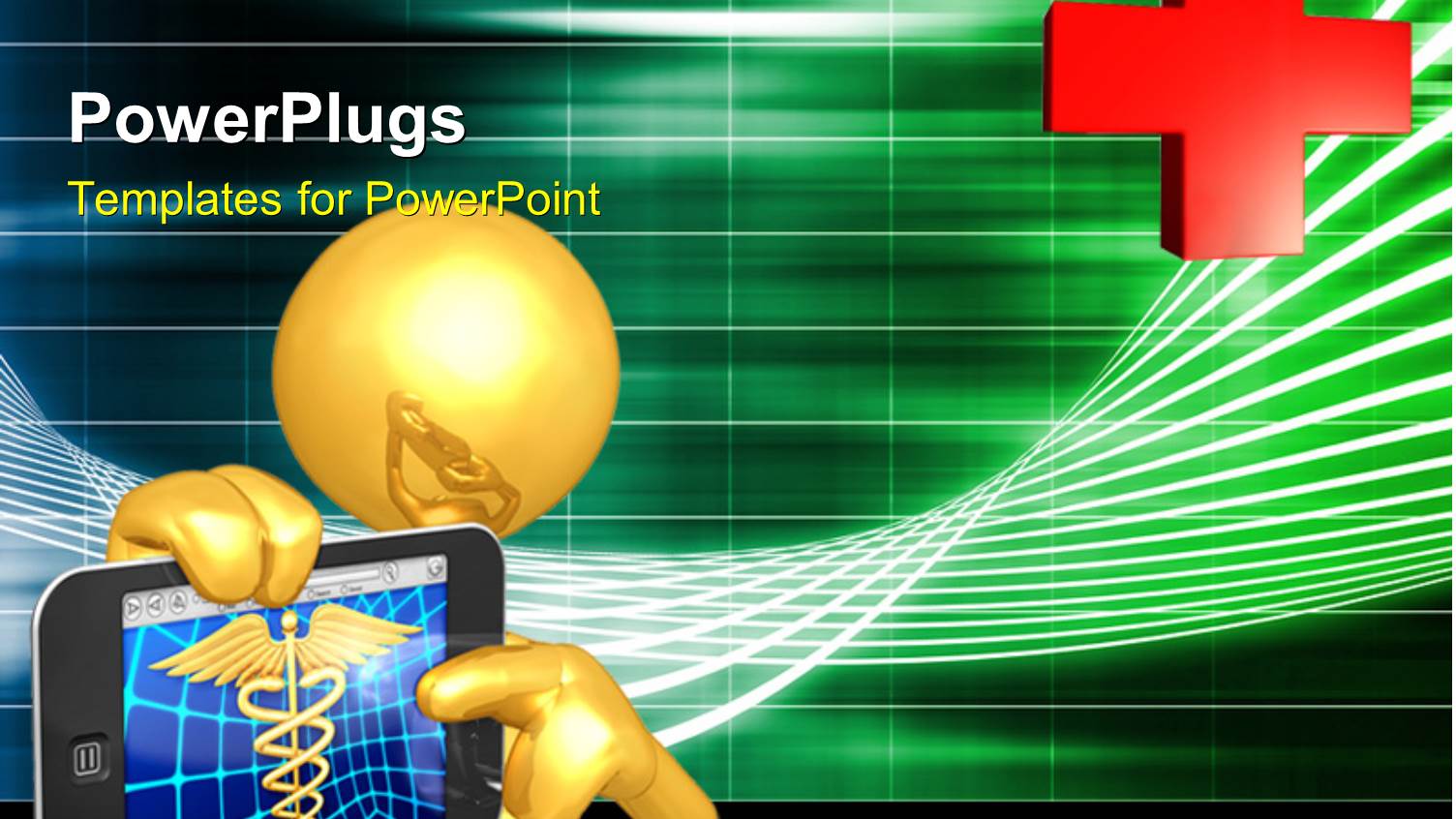 Gold Plated Man Holding Smartphone Showing Medical Symbol and Red 3D Cross 