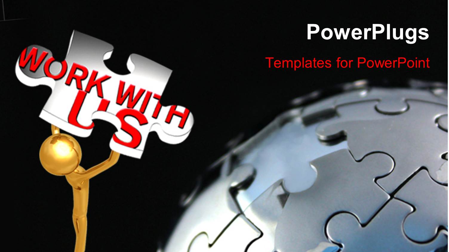 Gold Plated Man Holds Up Puzzle Piece with Text WORK with us 