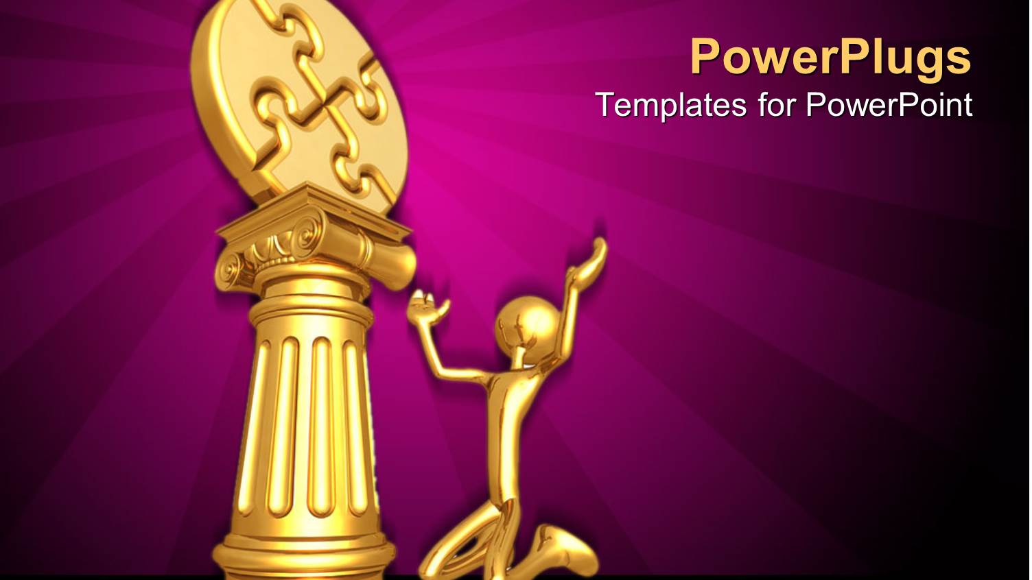 Gold Plated Man Kneels Before Jigsaw Puzzle on Gold Pillar