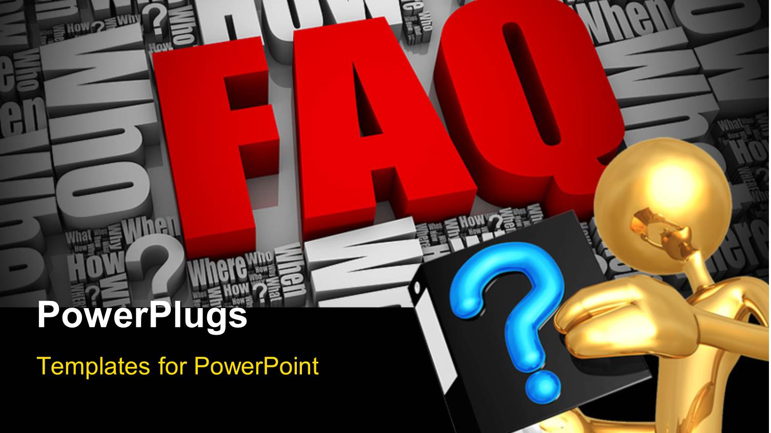 Gold Plated Man Reads from Book with Blue Question Mark Symbol Depicting FAQ