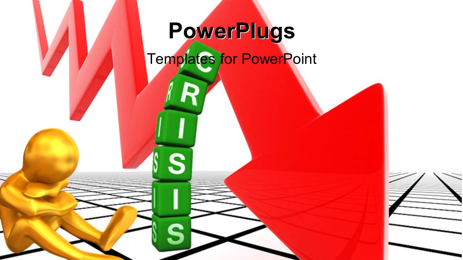 Gold Plated Man Sits Dejected Over Financial Crisis with Red Arrow 