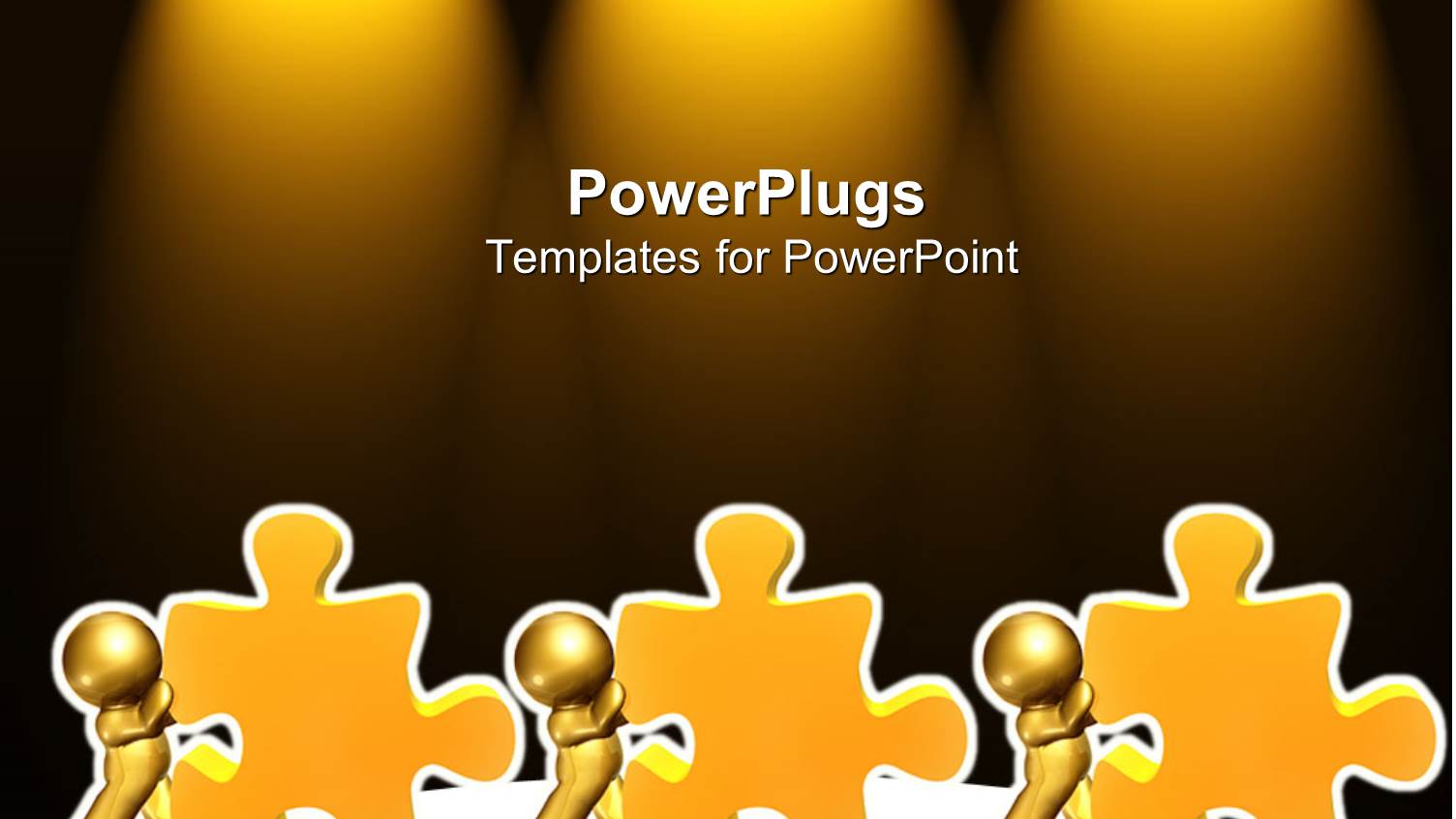 Gold Plated Men Pushing Yellow Jigsaw Puzzle Pieces on Glowing Background