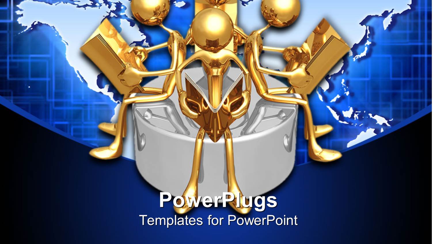 Gold Plated Men Reading Books Sit on Table with World Map Behind 