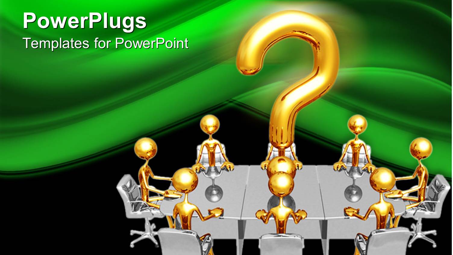 Gold Plated Men Sit with large Question Mark Symbol on Conference Table