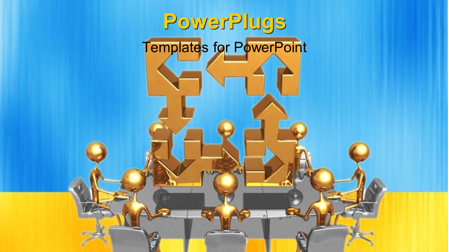 Gold Plated Men Sit Round Table with Gold Jigsaw Puzzle in Center