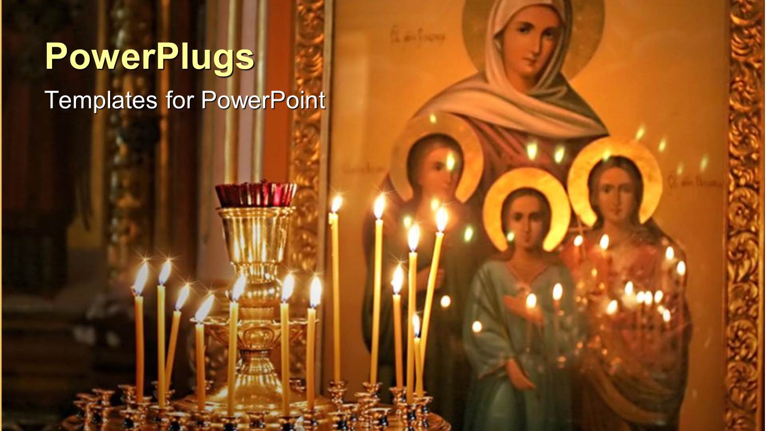 Gold Plated Painting of Four Holy Women on Wall with Lighted Candles