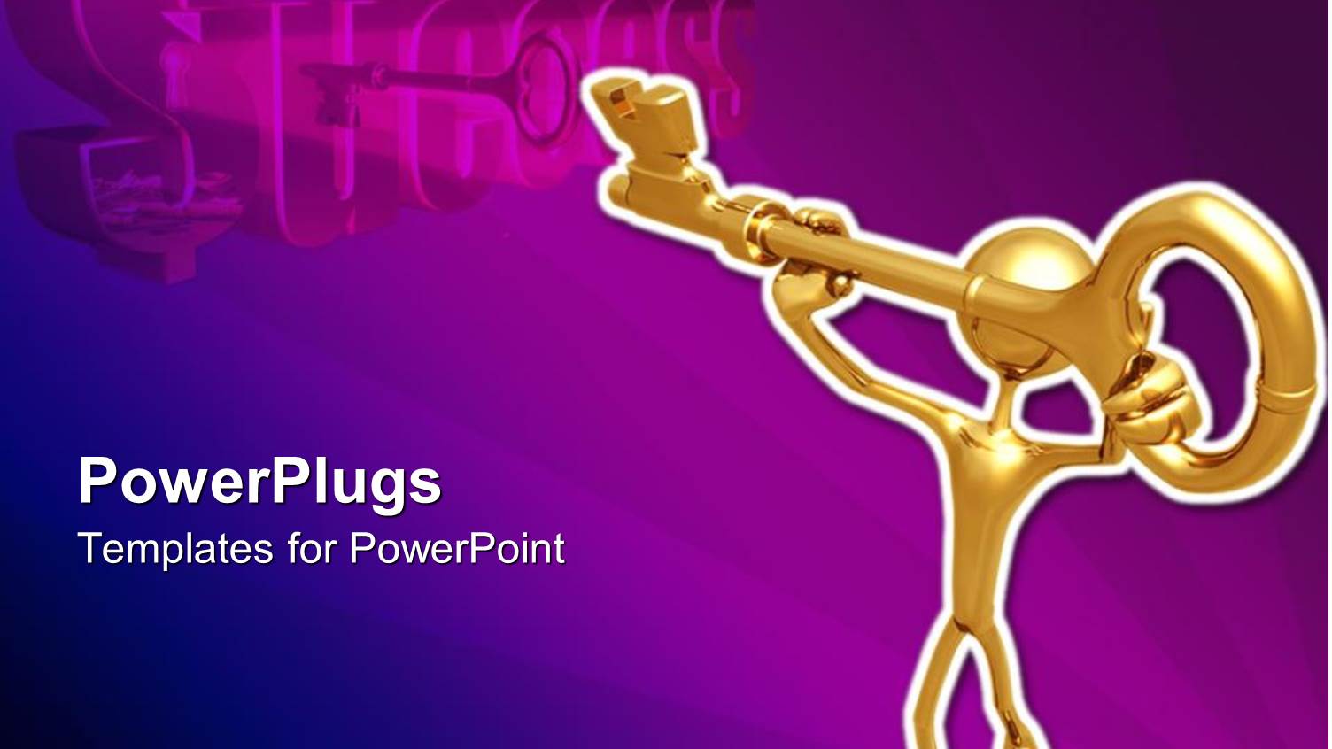 Gold Plated Three Dimensional Man Carrying Key to Success on Purple Background