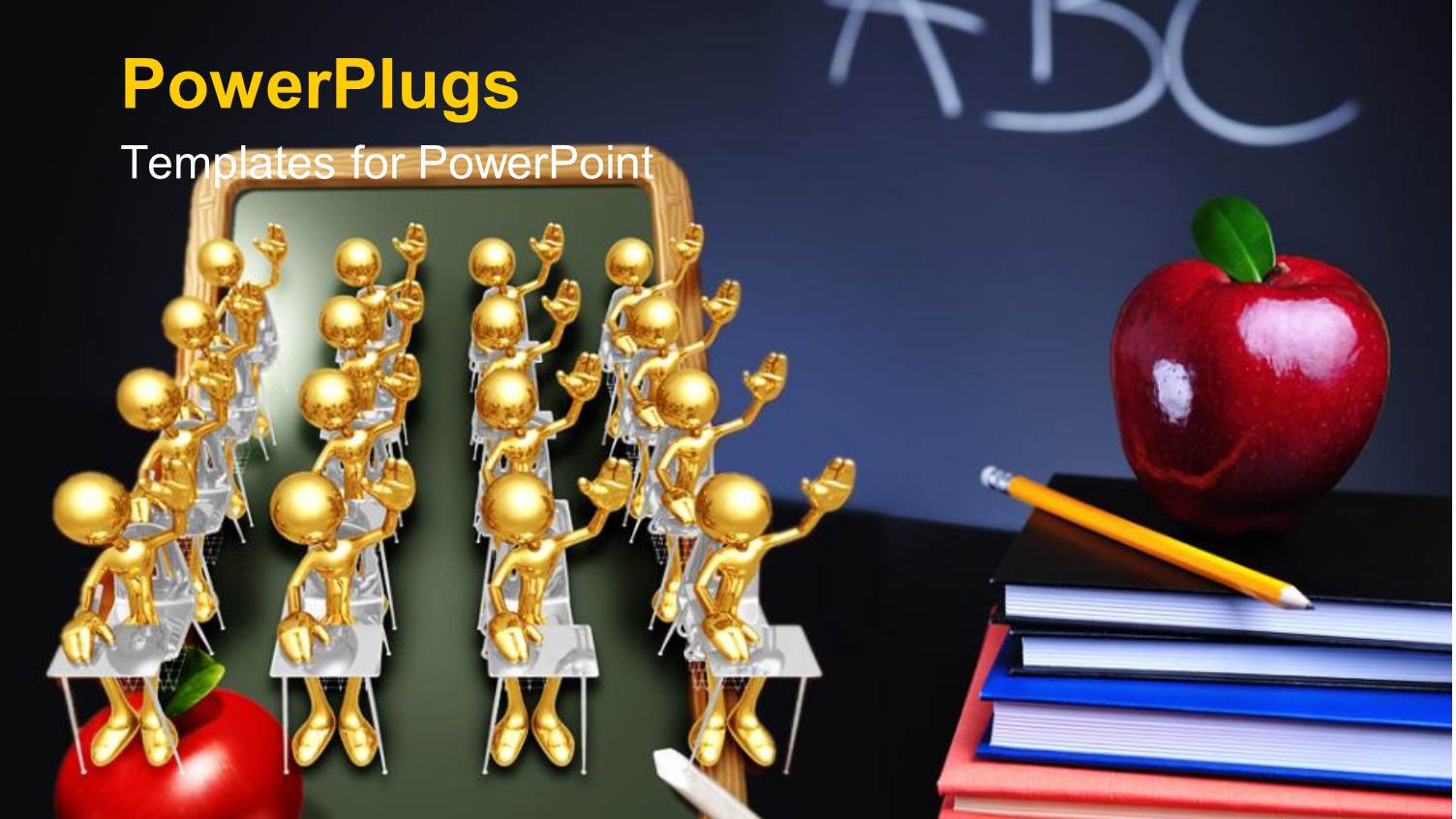 Gold Platted Men Sit in Class with Apple, Pen and Book Stack