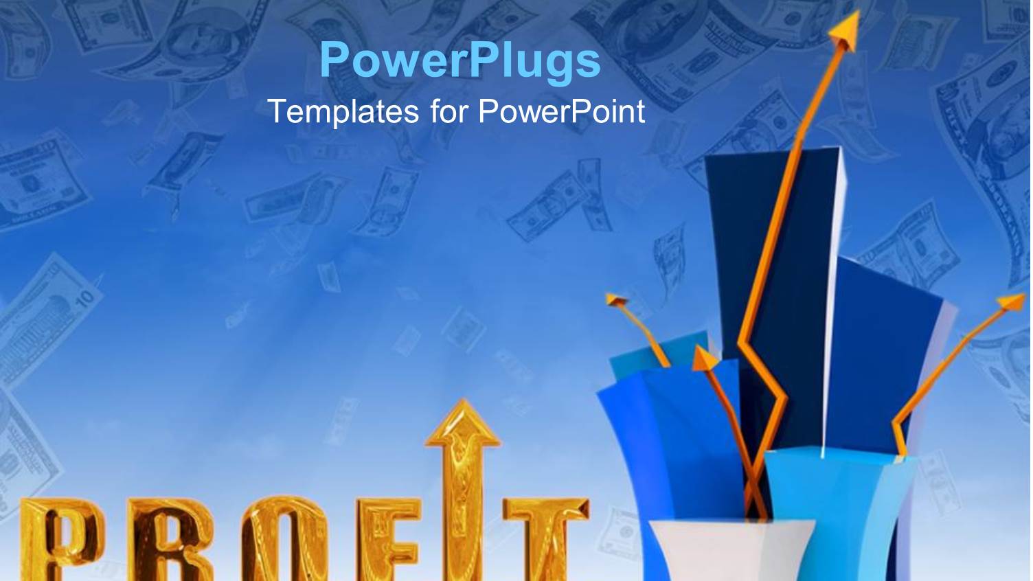 Gold Profit Word with Arrow Instead of i Letter and Chart Bars with Gold Rising Arrows