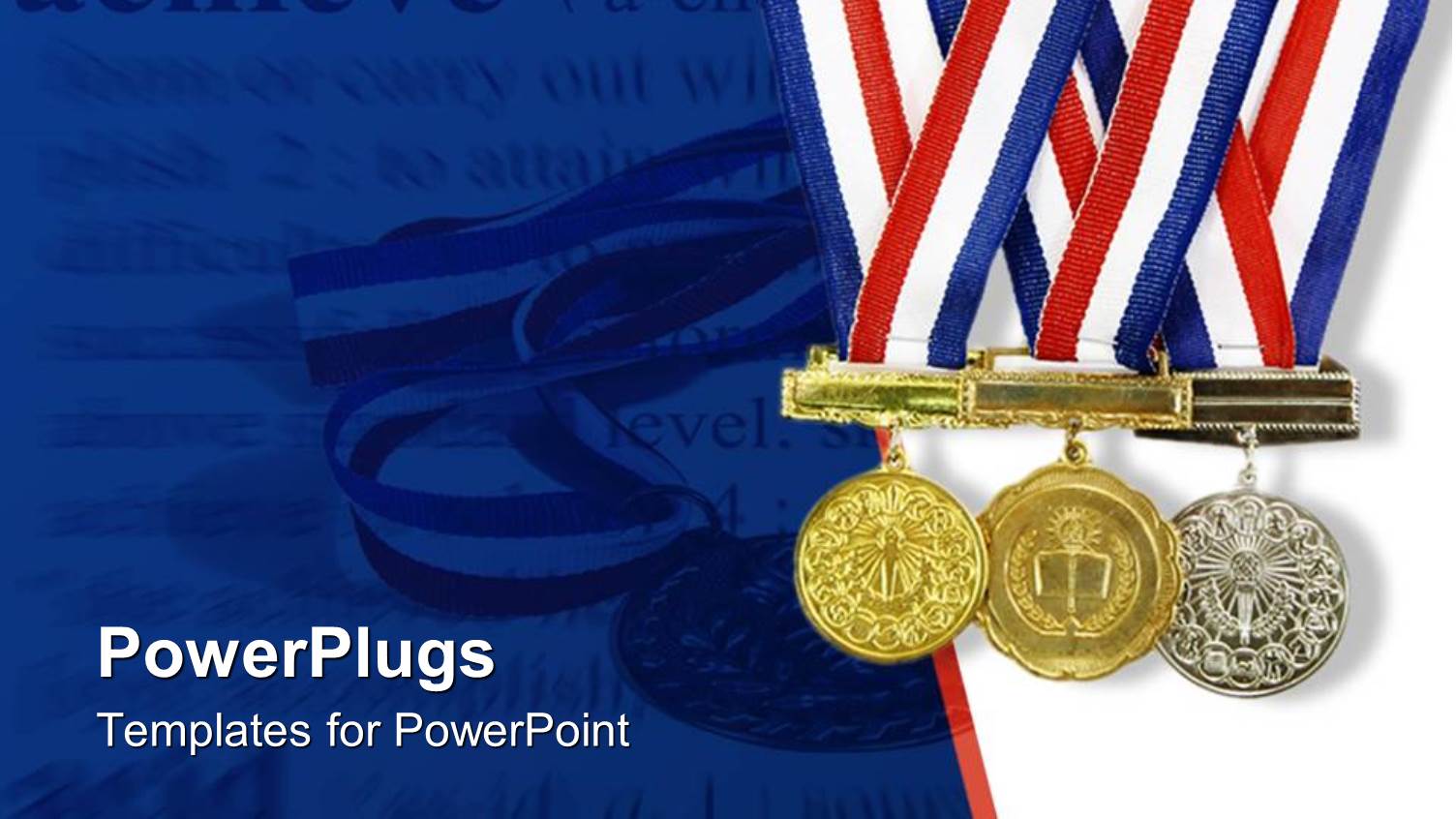 Gold, Silver and Bronze Achievement Medals on a White and Blue Background