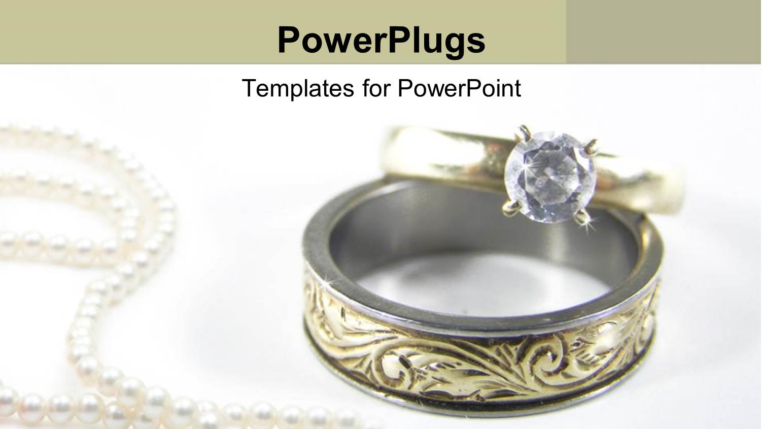 Gold Wedding Band and Diamond Engagement Ring on White Background with Pearl Necklace