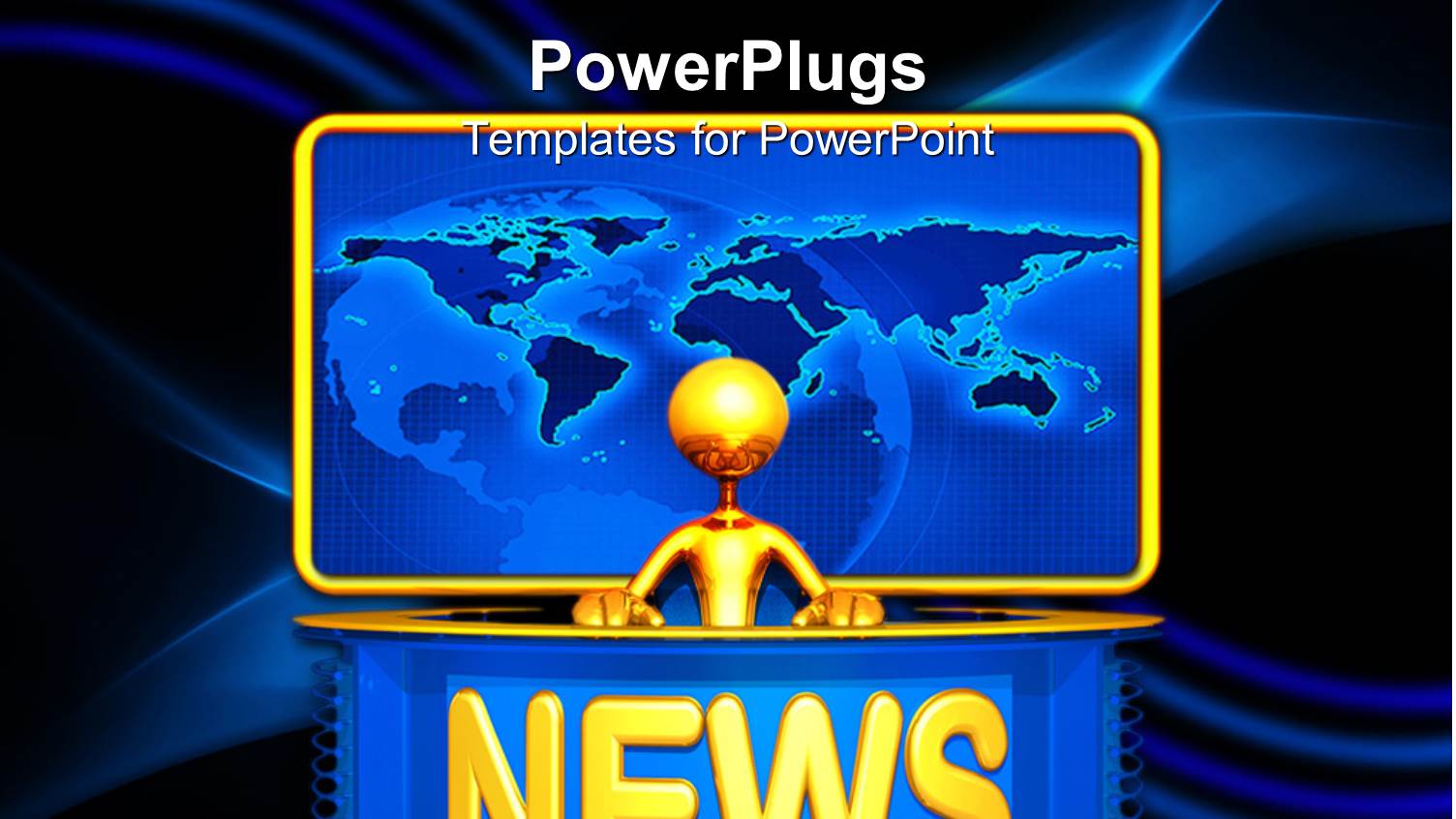 Golden 3D Figure Presenting News with Yellow Word News and Plain World Map in the Background