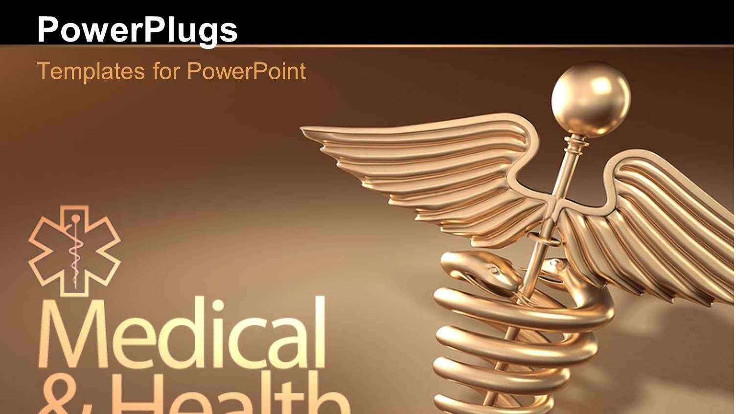 Golden Caduceus Medical Symbol with Medical and Health Keywords Over Brown Background