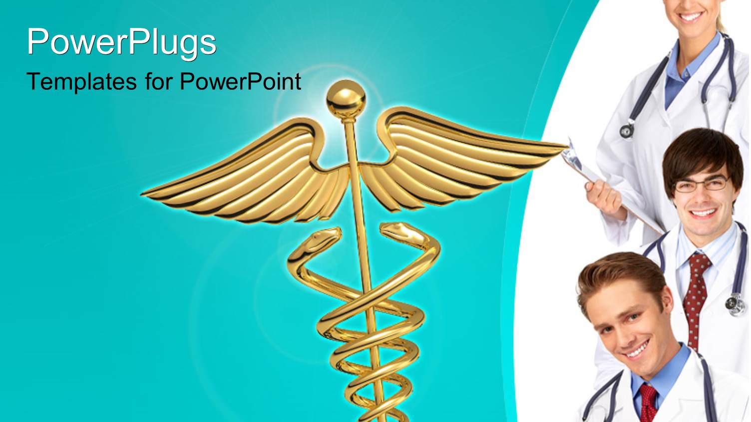 Golden Caduceus Symbol Over Green Background with Smiling Doctors