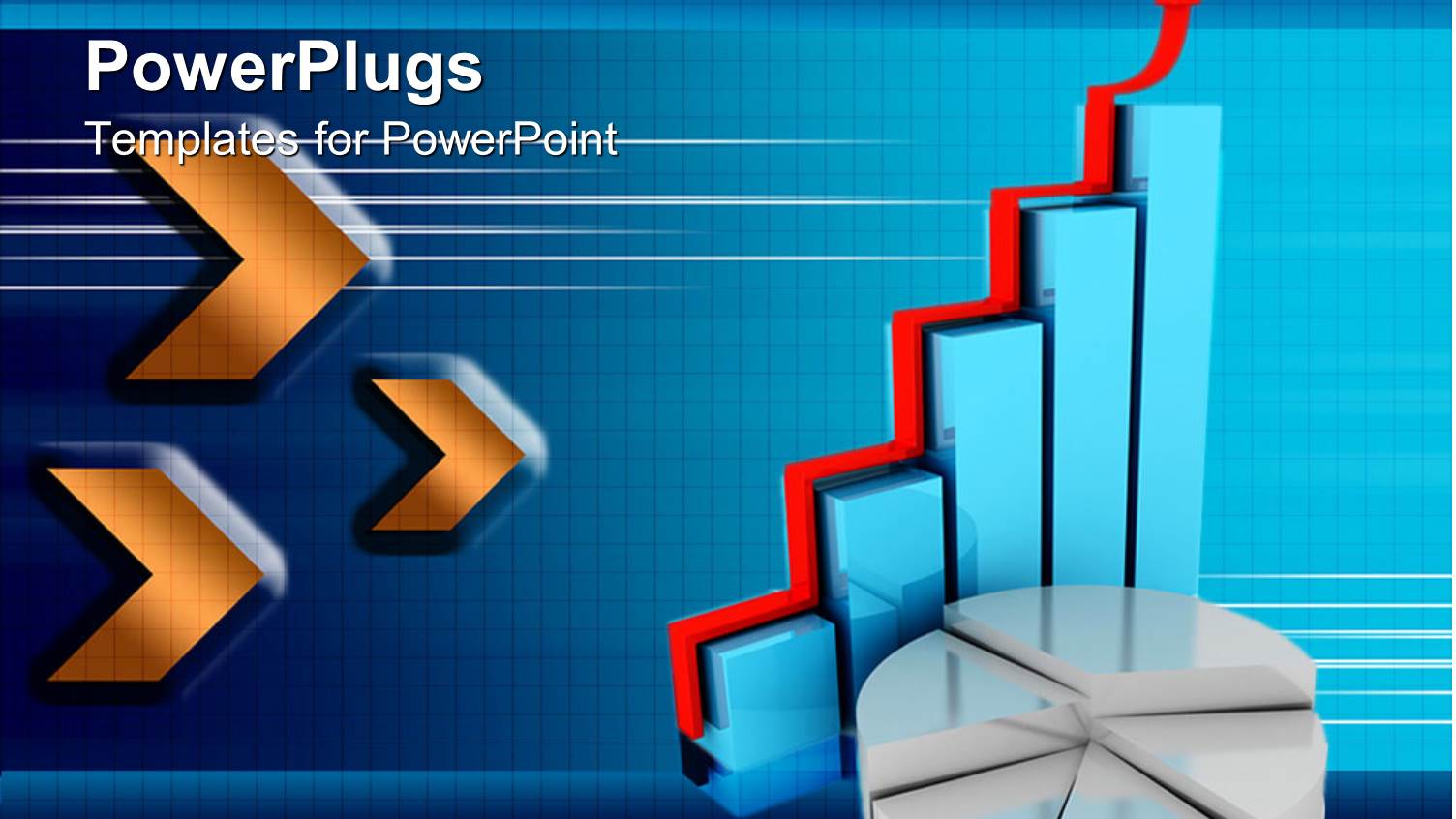 Golden Chevrons Pointing to Blue Bar Chart with Red Arrow and White Pie Graph