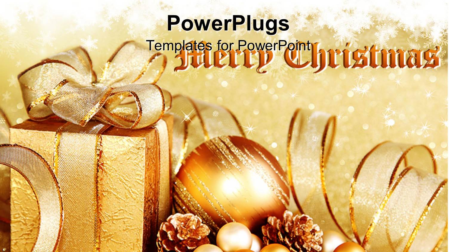 Golden Christmas Theme with Gift Box and Christmas Globes, Merry Christmas Words on Golden Background with White