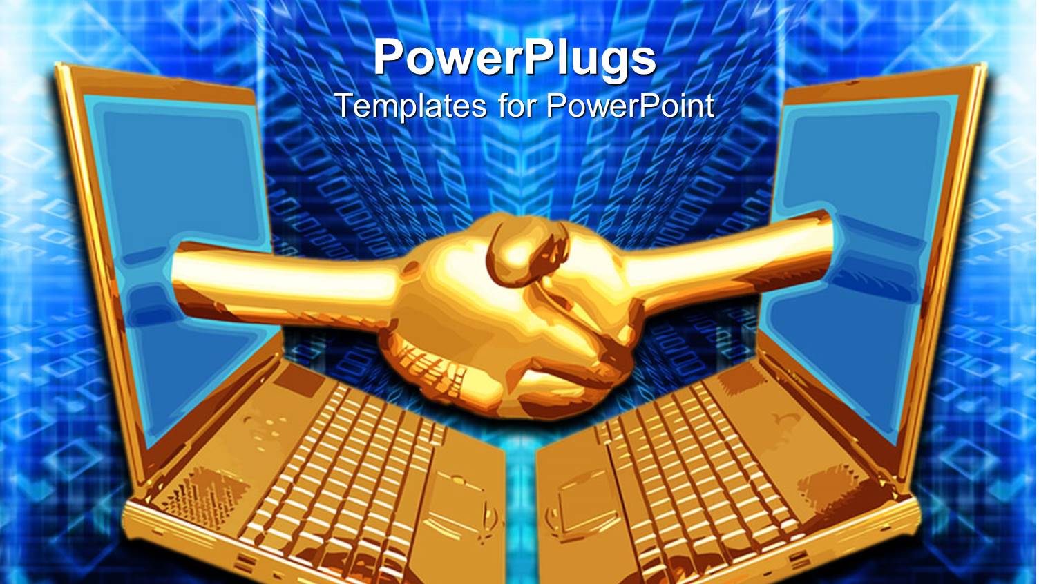 Golden Hands from Two Laptop Screens Shaking Hands on Blue Background 