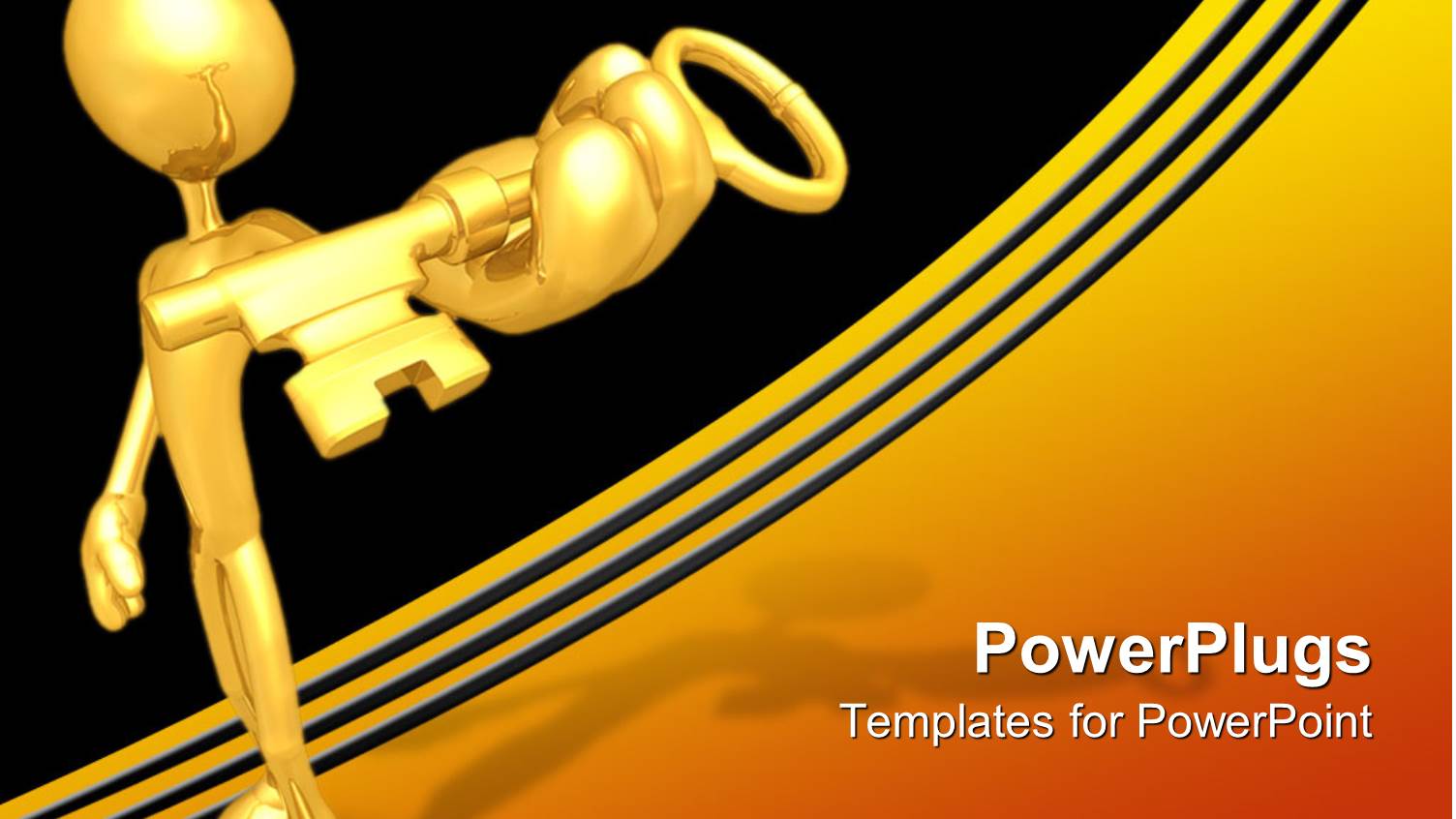 Golden Key Held by Gold Plated 3D Man on Black and Orange Background 