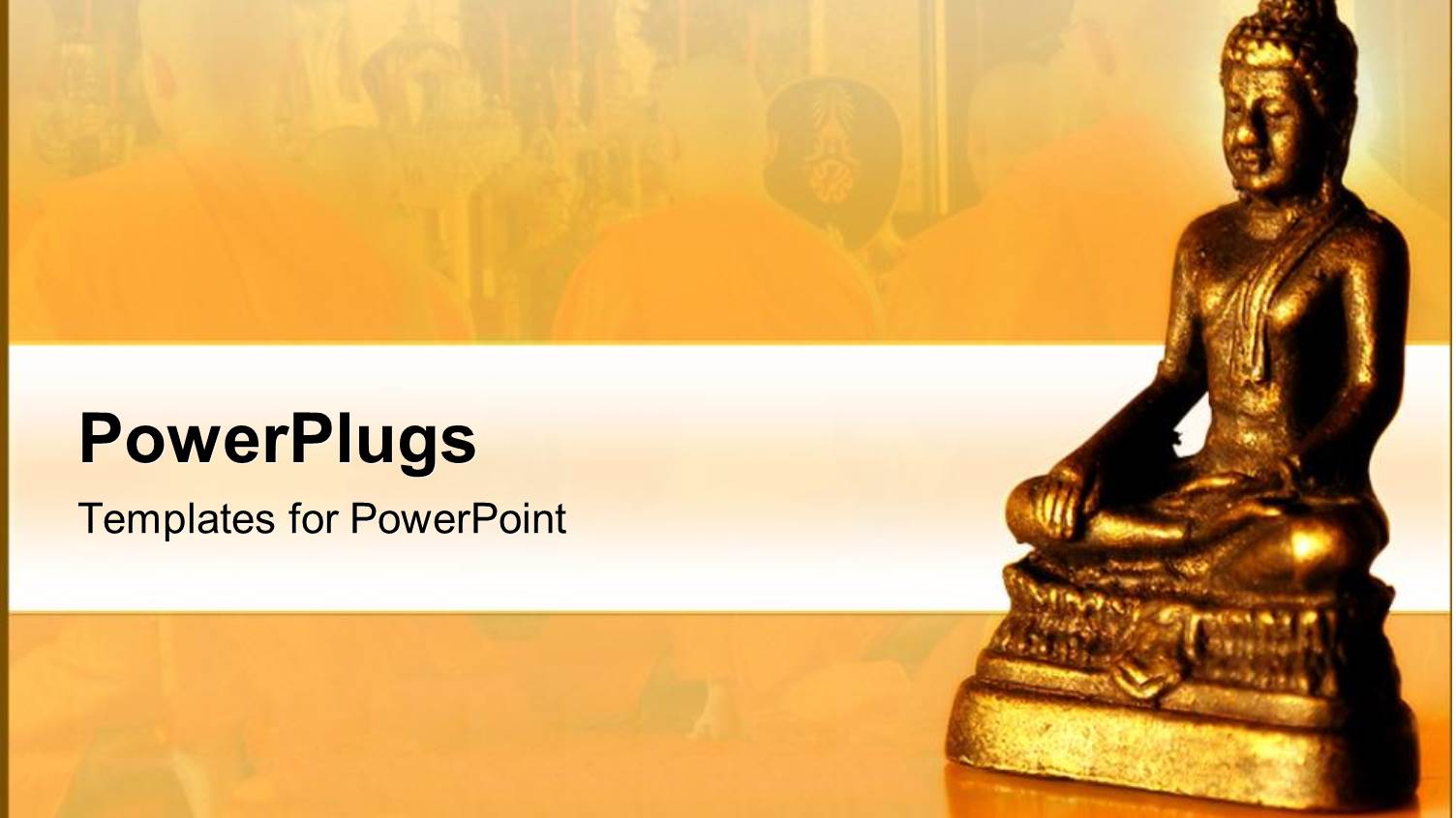 Golden Meditating Yoga Statue with a Background of Meditating Monks