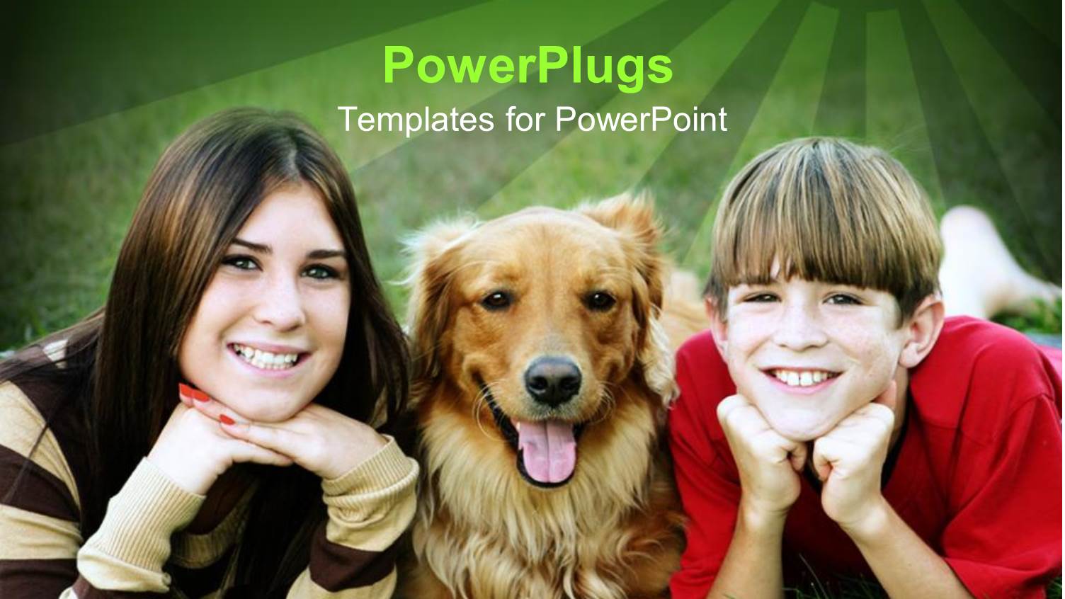 Golden Retriever in Middle of Two Smiling Kids Lying on Green Lawn