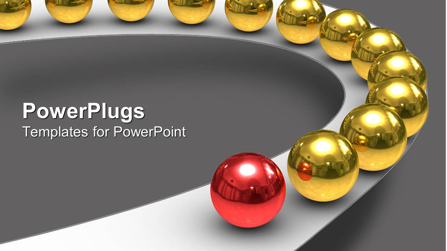 Golden Spheres Leaded by Red Sphere on a White Road on Gray Background