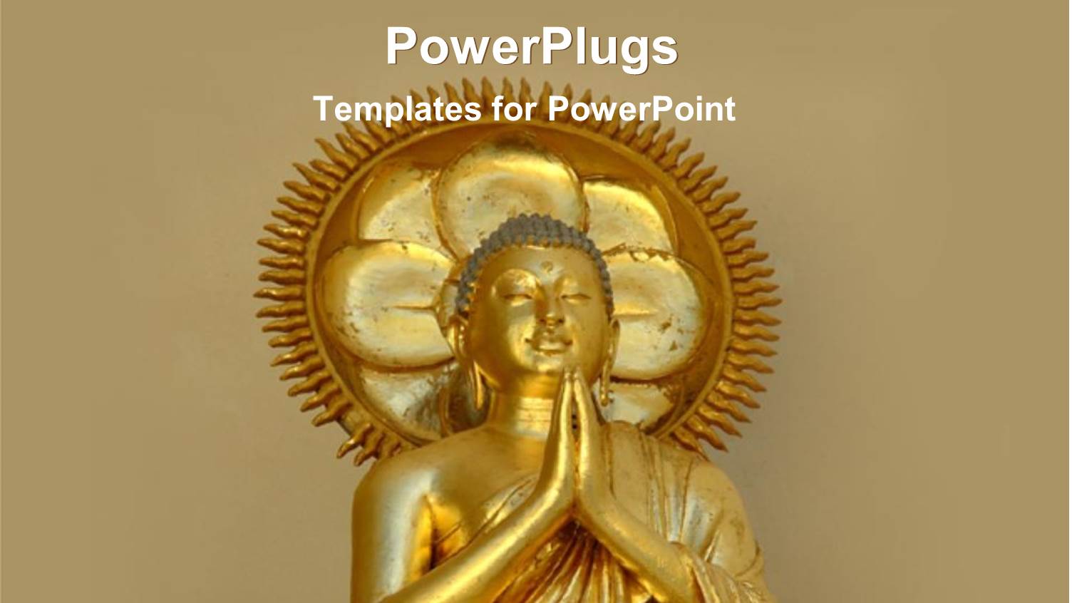 Golden Statue of Buddha Holding Hands in Prayer with Sun and Rays in the Background