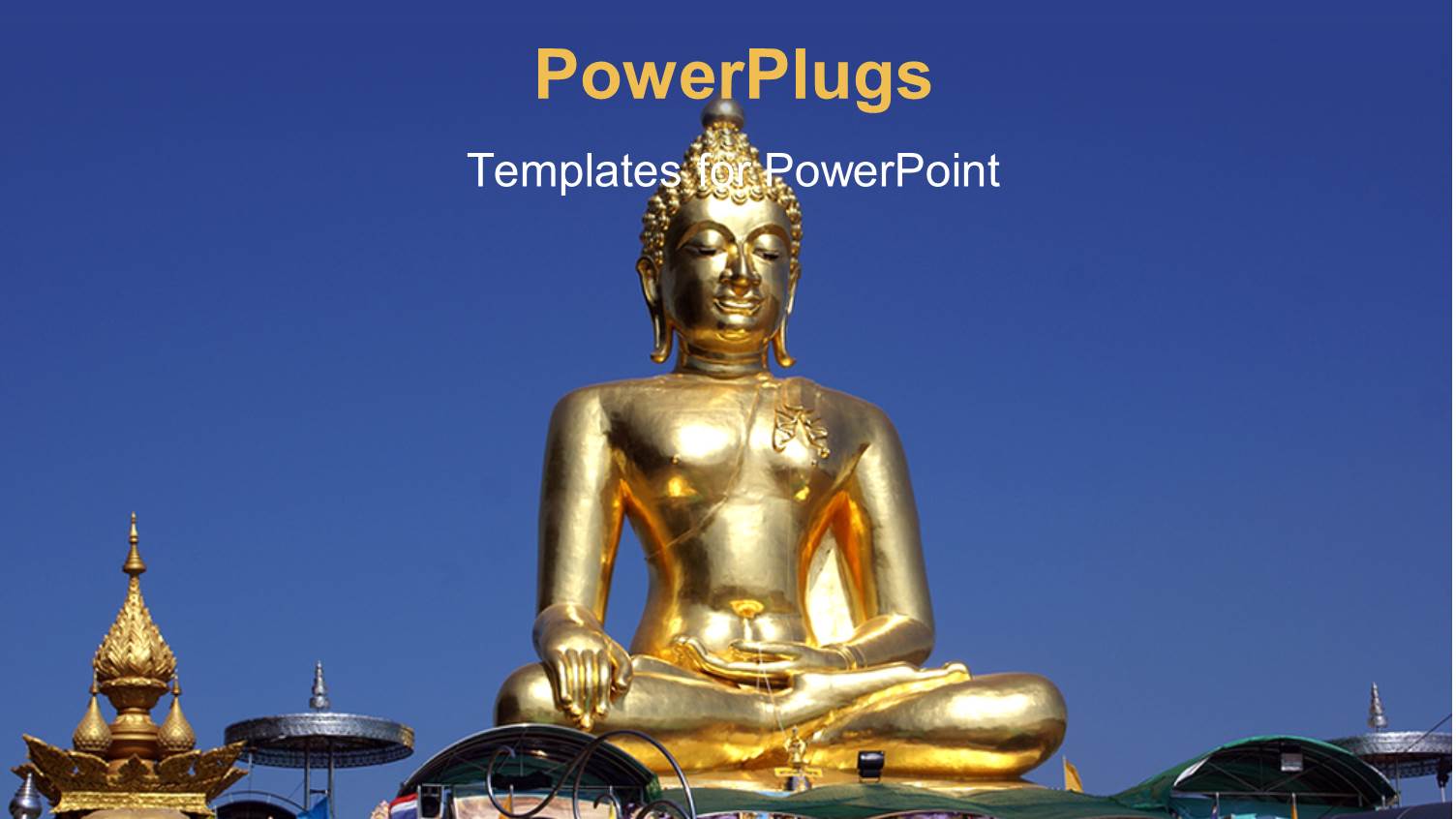 Golden Statue of Buddha and Point of Golden Triangle Over Blue Sky