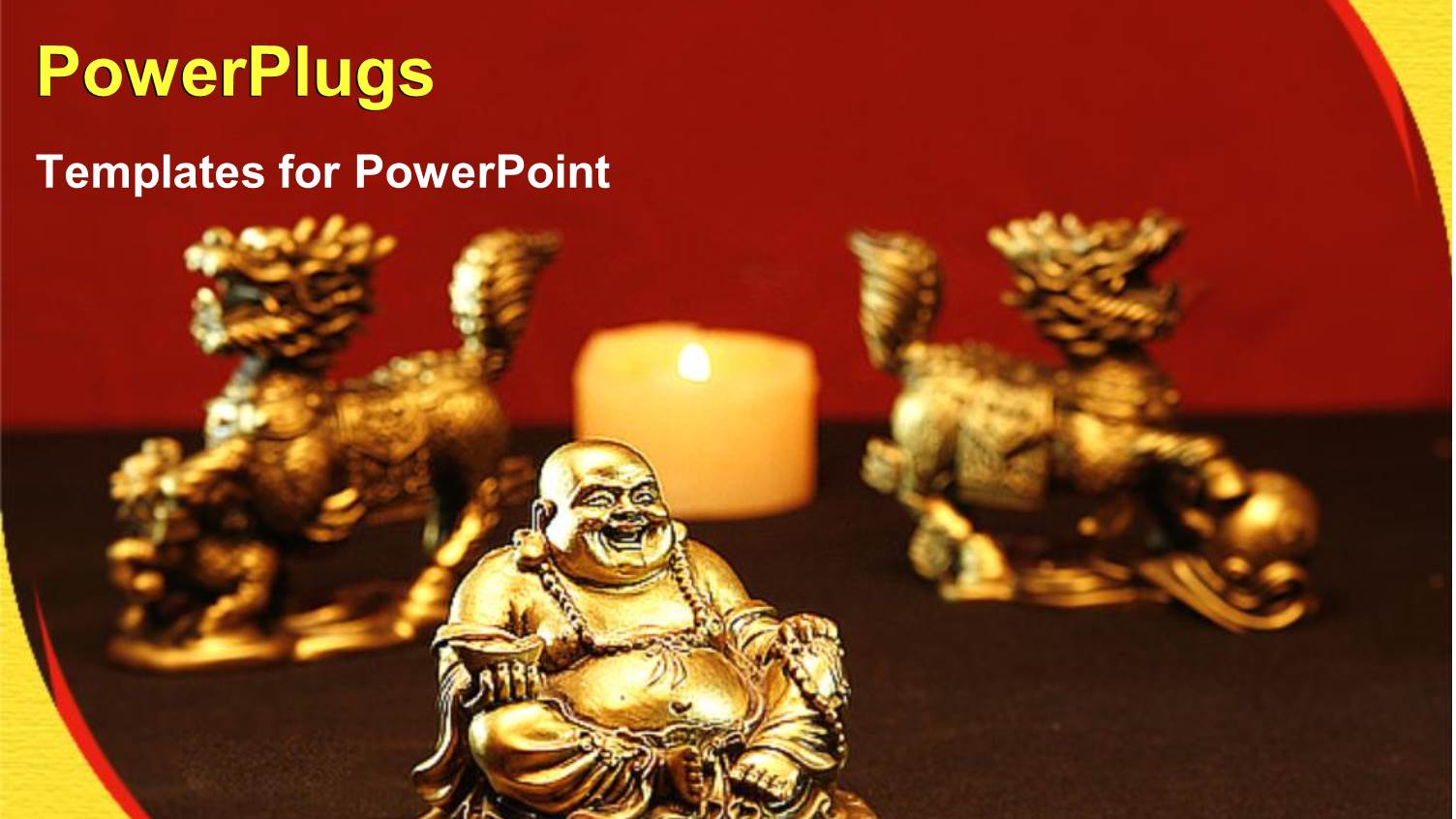 Golden Statue of Buddha with Two Horses and Lighted Candle