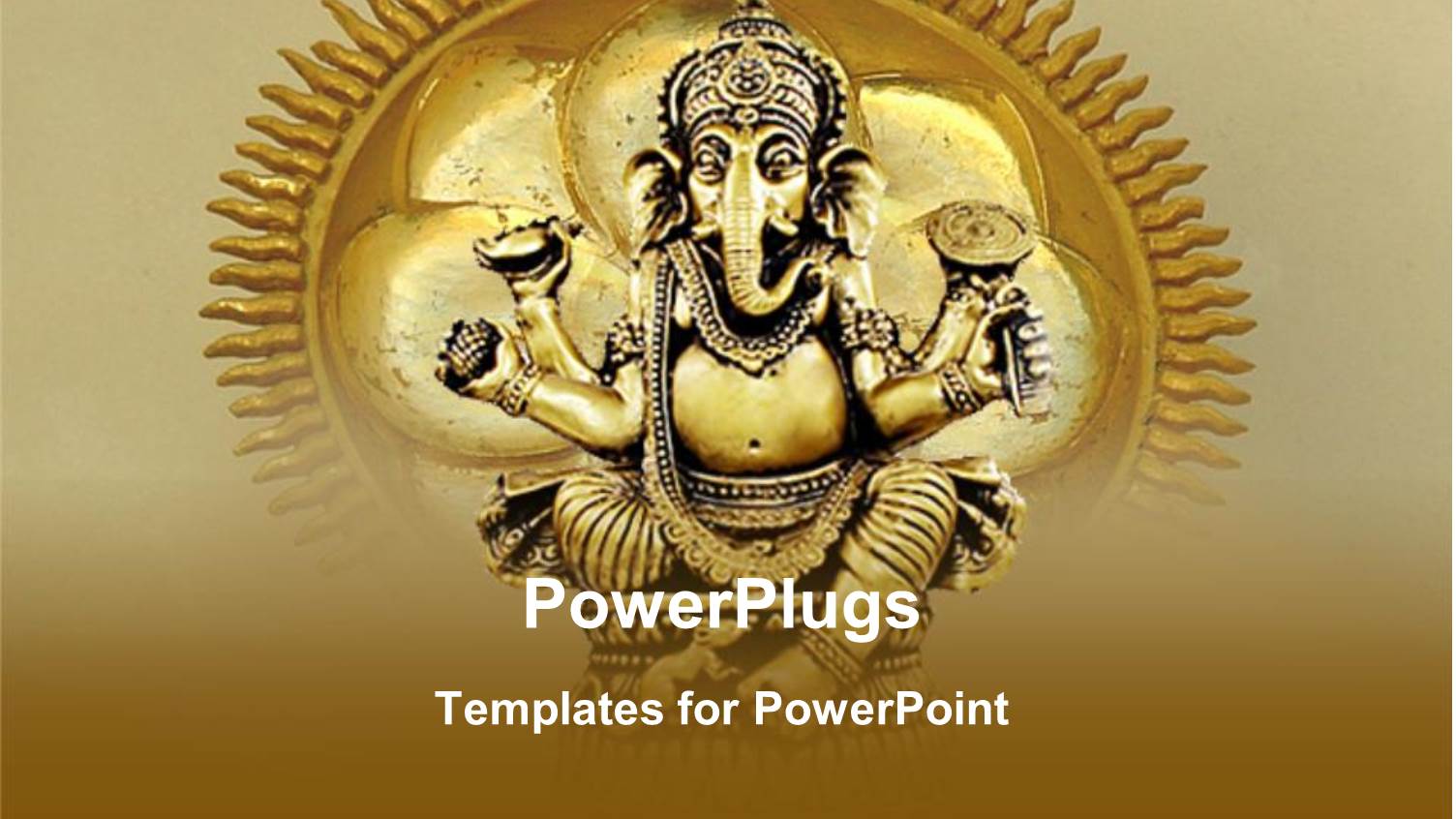 Golden Statue of Ganesh on Depiction of Sun with Rays on Tan Background