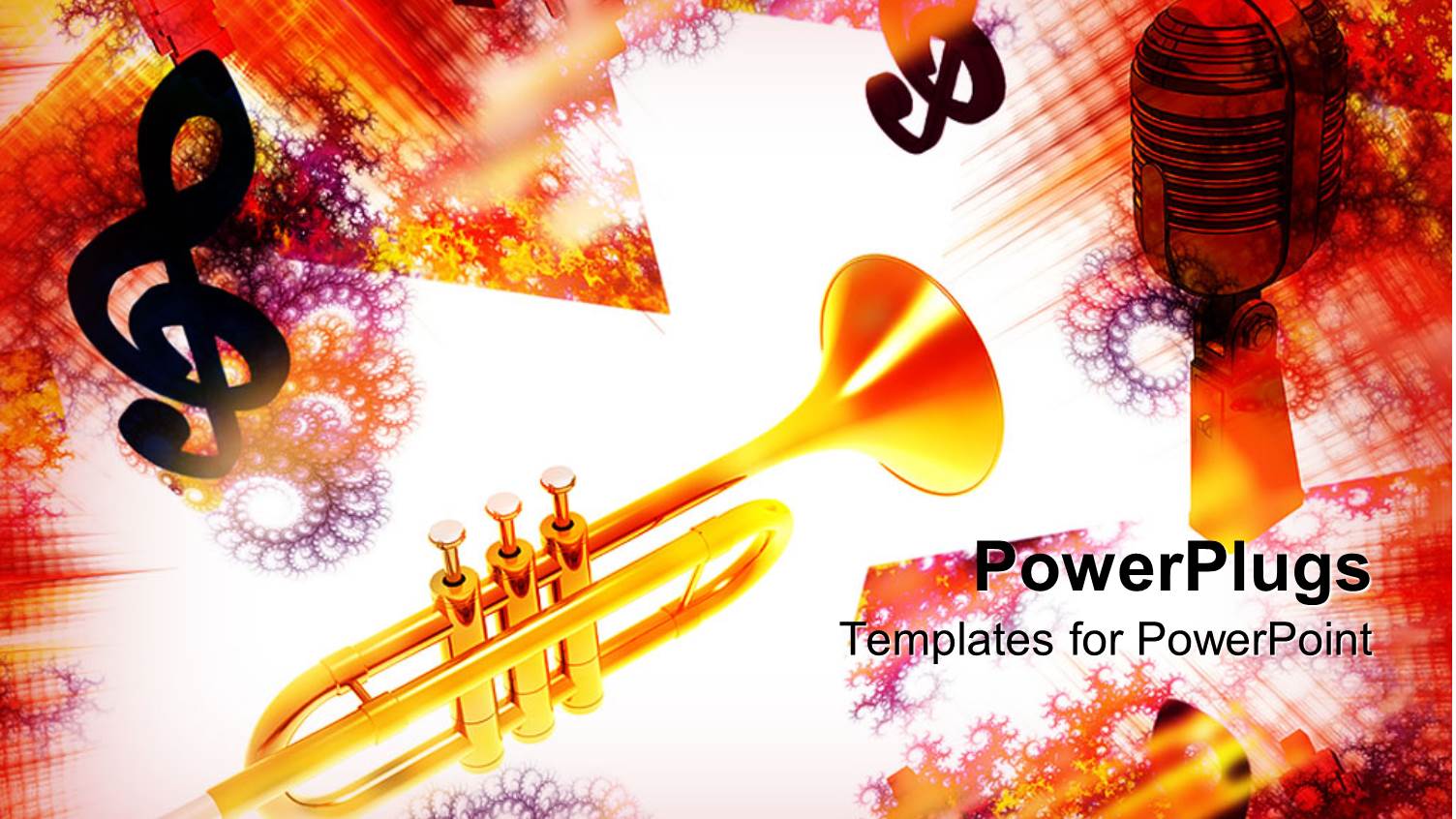 Golden Trumpet with Treble Clef, Microphone and Colorful Spiral and Grid Background