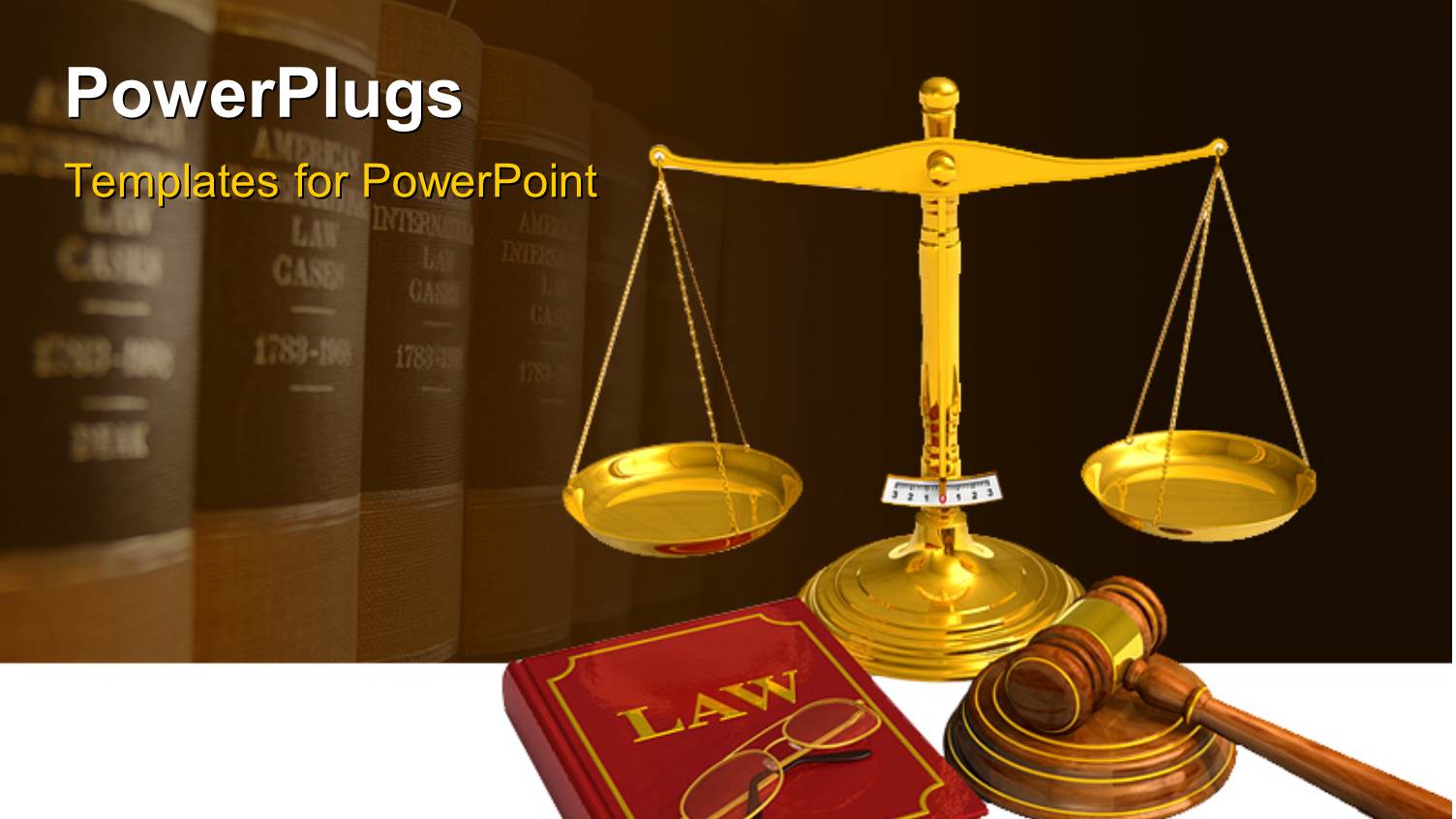 Golden Weight Scales, Code of Laws, Glasses and Wooden Mallet with Law Books in Background