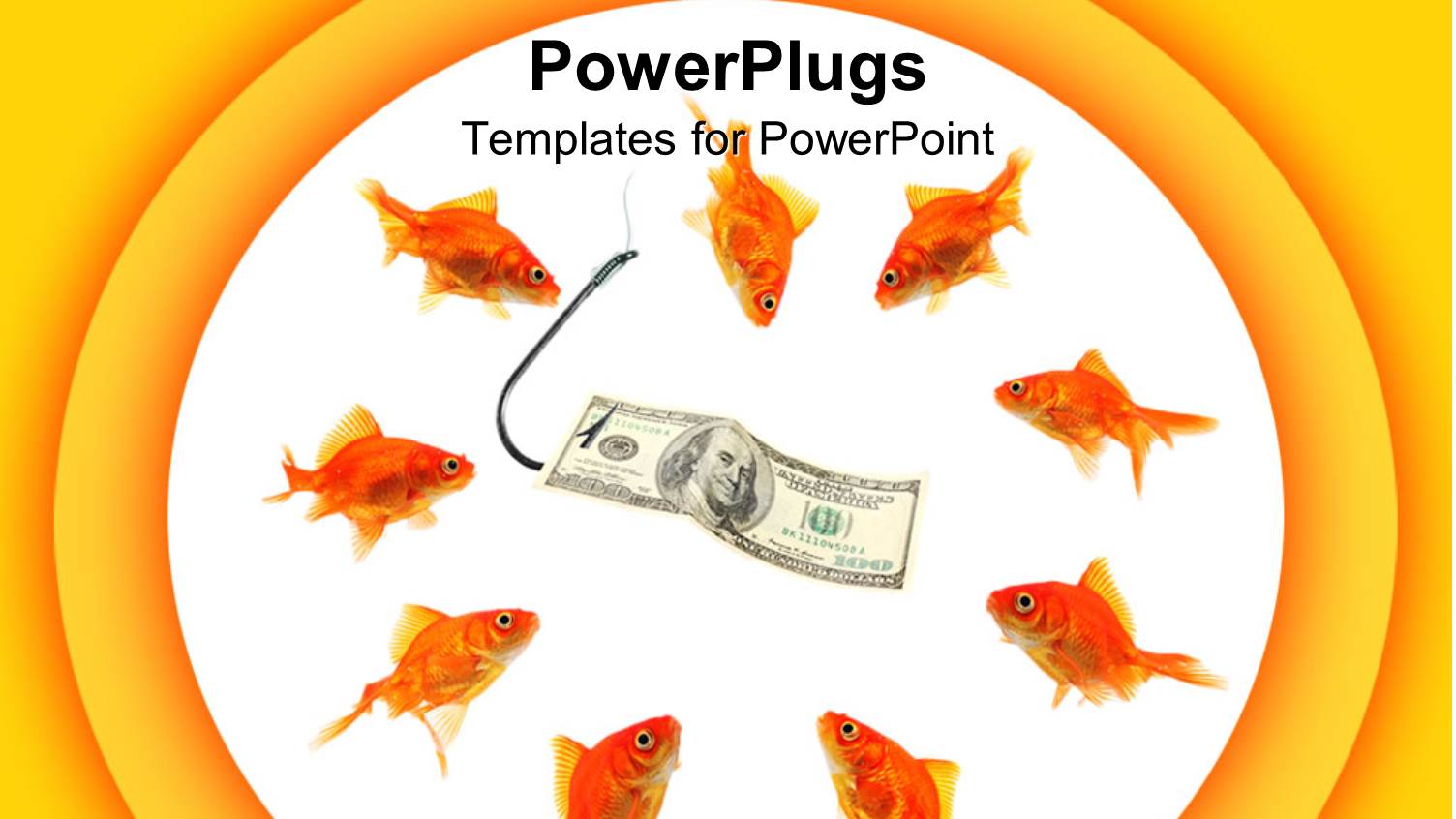 Goldfish Surrounding Hundred Dollar Bill on Fish Hook, Yellow Border