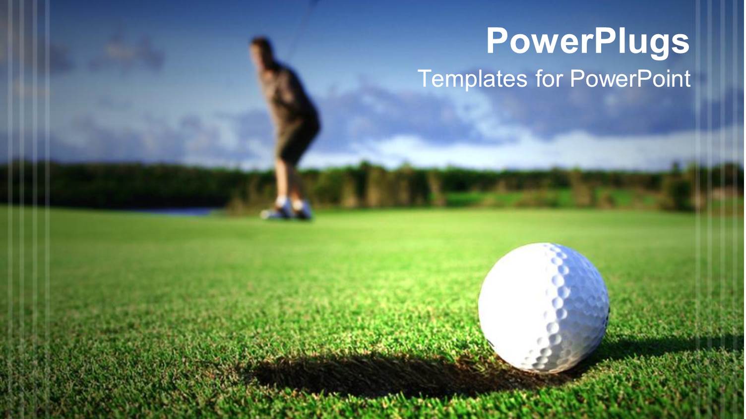 Golf Ball Near the Hole and Golf Player Faded in the Background on Golf Field with Light Blue Sky Background