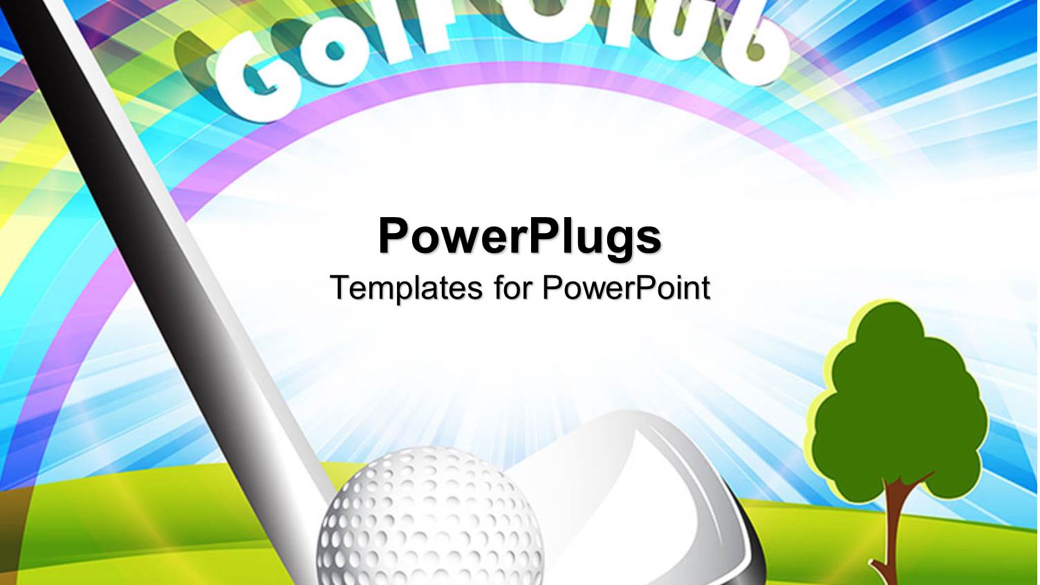 Golf Club Putter Hitting Golf Ball, Golf Club Words, Rainbow and Blue Sky