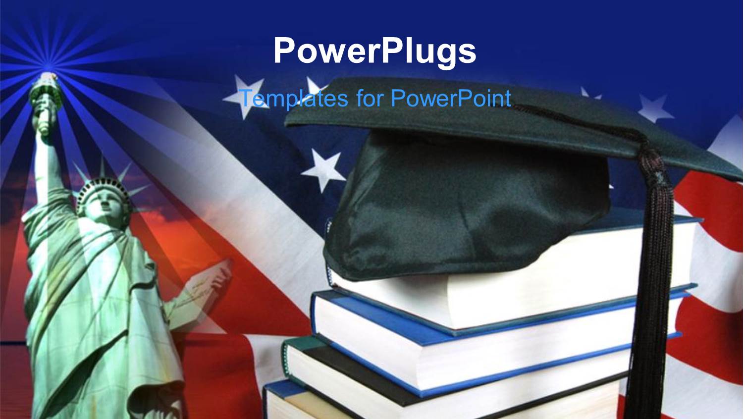 Graduation Cap on Book Pile with Statue of Liberty Against American Flag